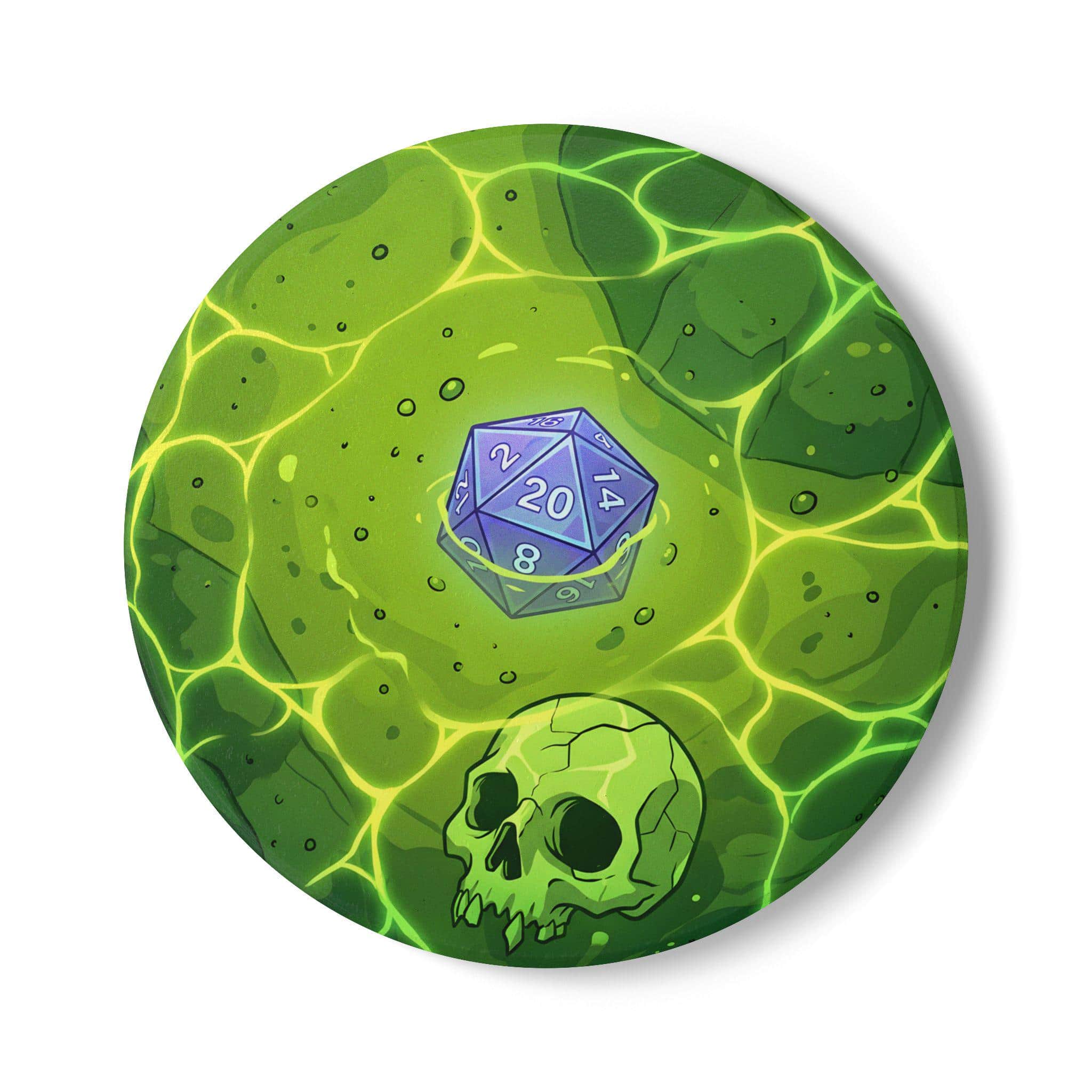 Photo 6 of 11: A square high-gloss drink coaster designed to look like a direct top-down view into a translucent acidic gelatinous cube trapping sunken dice and adventurer bones, serving as a witty spill hazard for campaign nights, front view