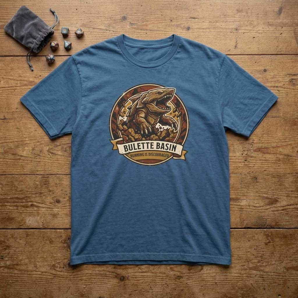 Photo 6 of 15: Vintage national park souvenir graphic tee featuring tabletop gaming's armored landshark burrower, paired with deadpan trail advice warning adventurers that running only draws its tremorsense, shown laid flat among dice