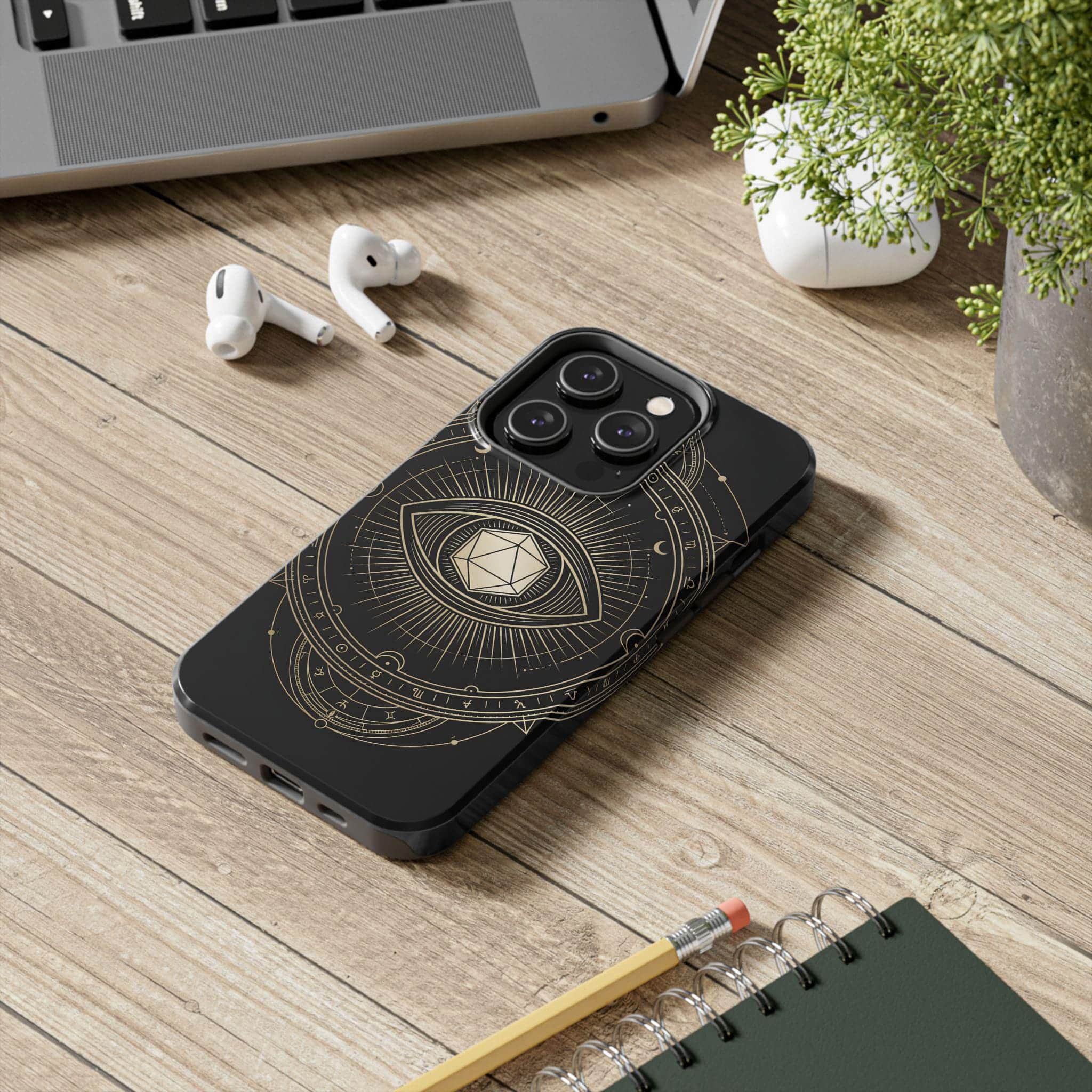 Photo 4 of 4: Transforms the buyer's phone into an arcane guardian talisman, flaunting a high passive perception check with an ornate d20 all-seeing eye, printed on a phone case, in a room setting