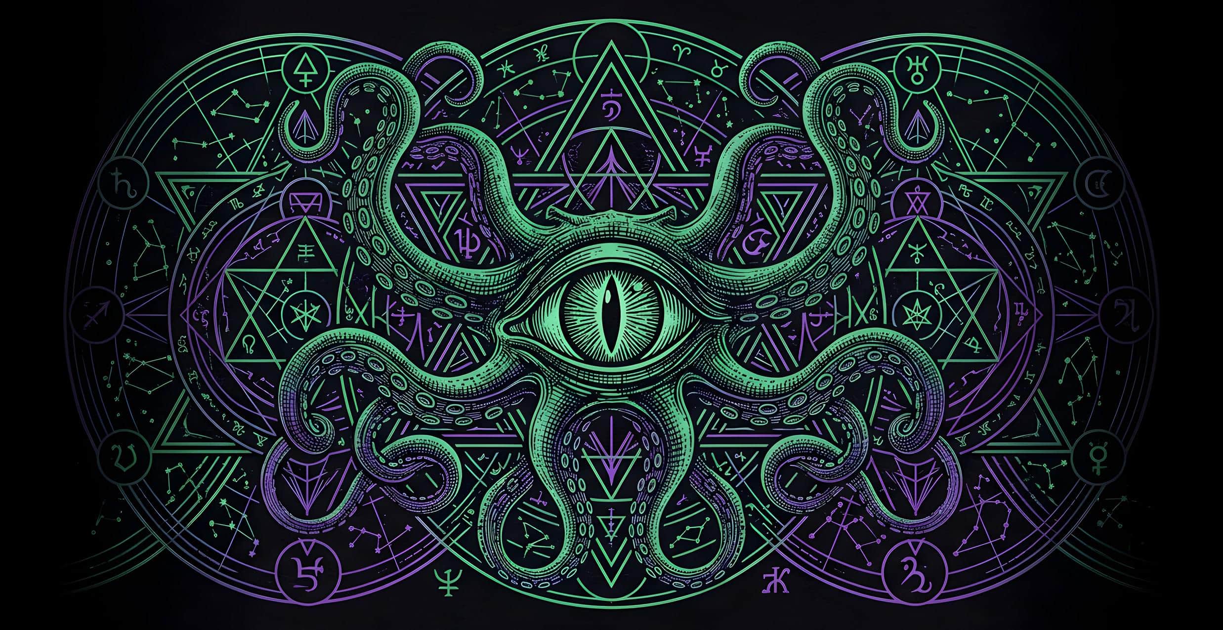 Photo 11 of 12: An atmospheric ceramic gaming mug emblazoned with an eldritch Great Old One patron crest, targeted at warlock players and dungeon masters fueling late-night campaign sessions, the complete printed design shown flat, the artwork