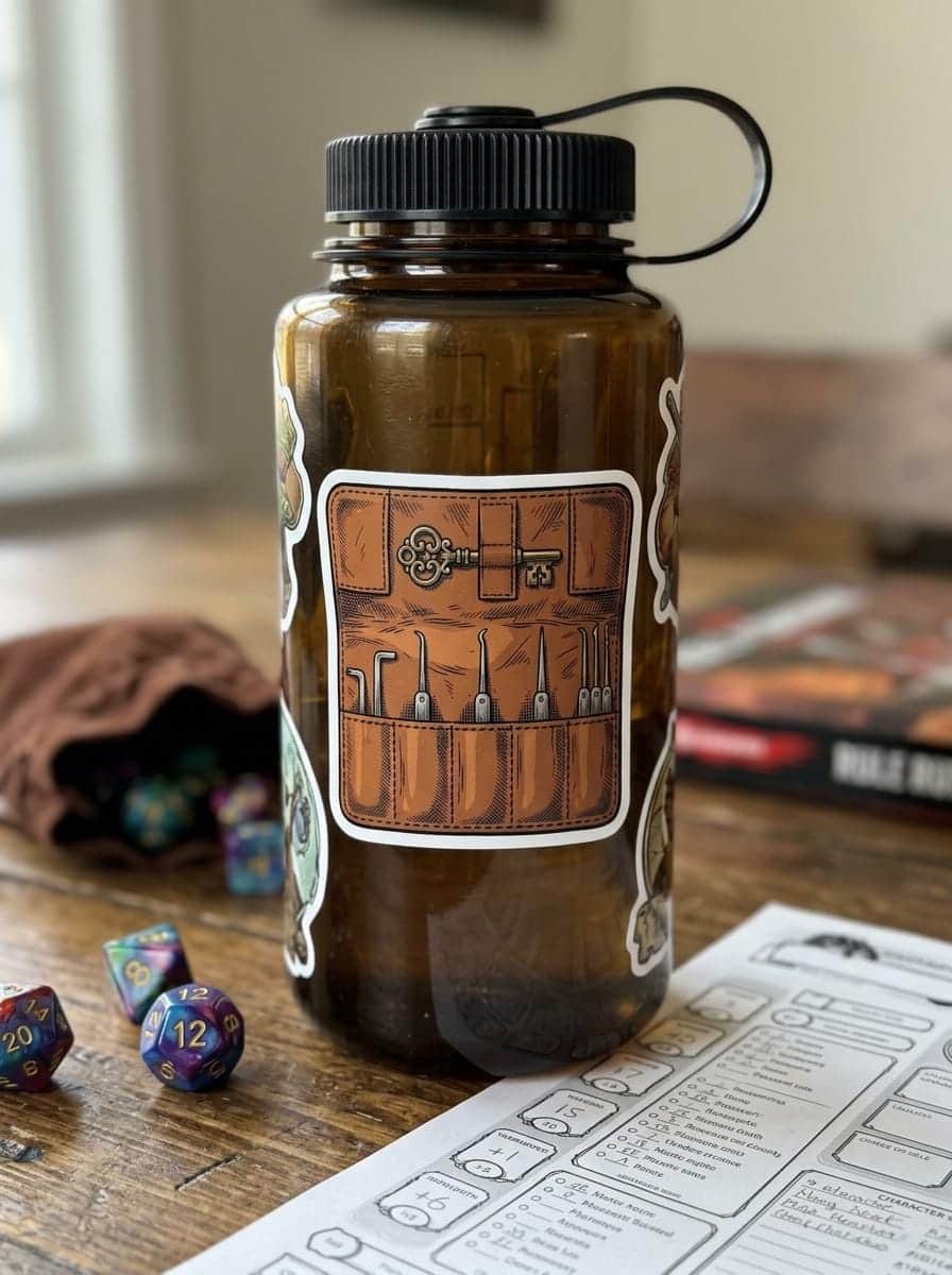 Photo 2 of 11: A detailed kiss-cut vinyl decal featuring an unrolled rogue's leather lockpick kit, shown on a water bottle