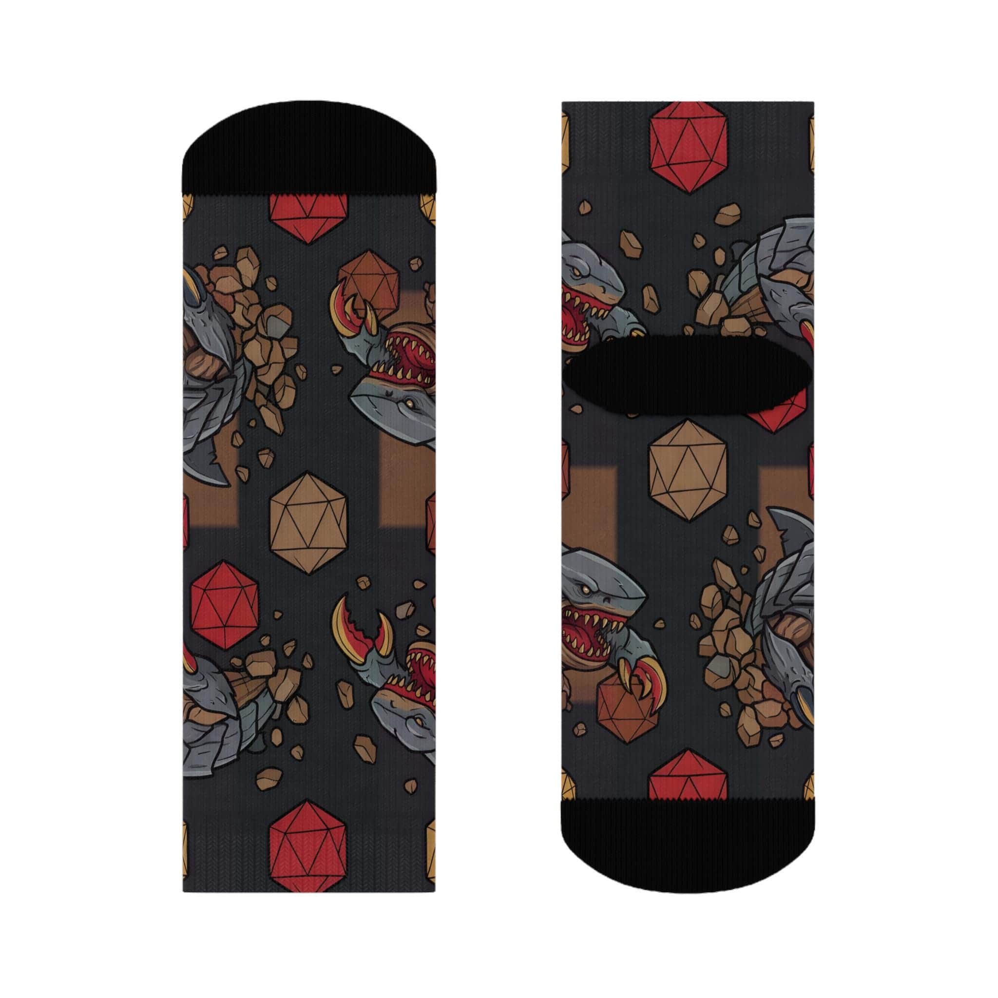 Photo 6 of 6: Humorous, combat-ready TTRPG crew socks featuring the notorious 'landshark' monster ambushing d20 dice in a seamless pattern, front view