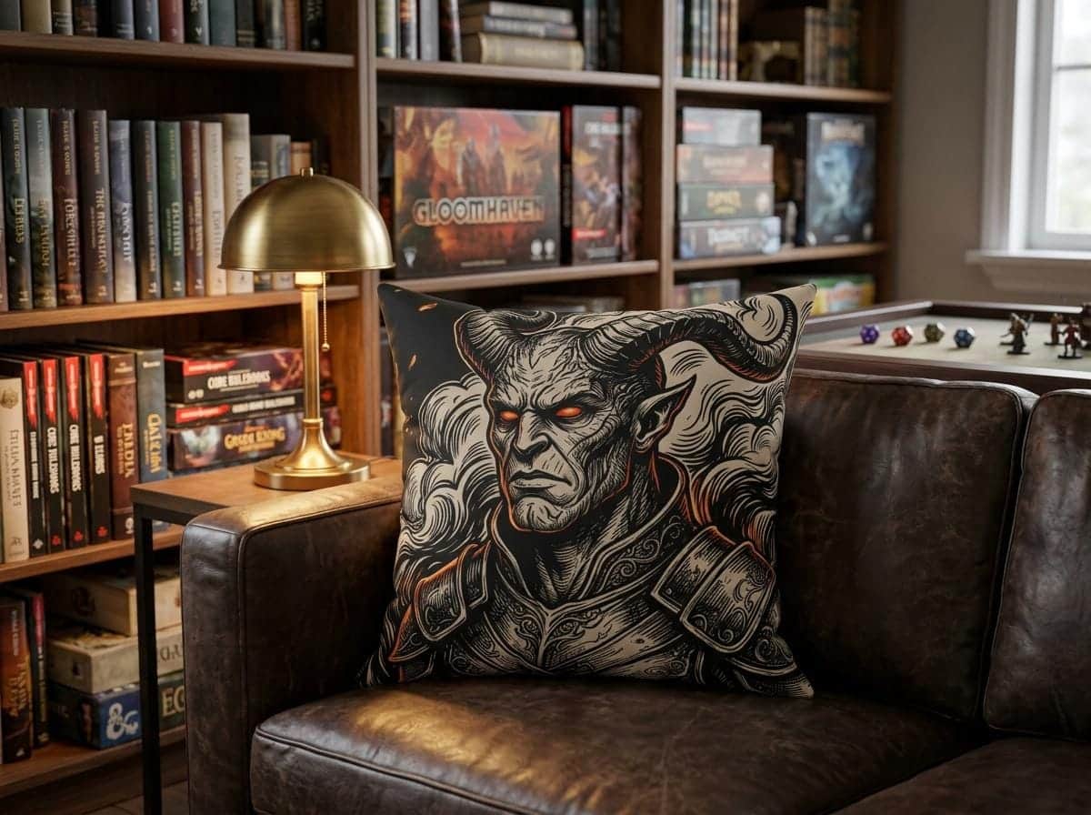 Photo 2 of 4: Moody square accent pillow featuring an infernal horned tiefling surrounded by glowing ember filigree, shown on a game room couch