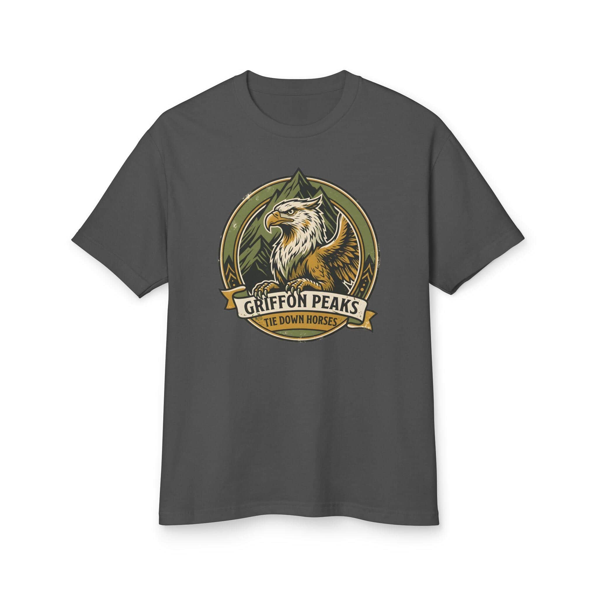 Photo 15 of 15: Vintage national park parody tee featuring a noble mountain griffon alongside a deadpan ranger warning for traveling adventurers to keep their prized mounts secured, front view