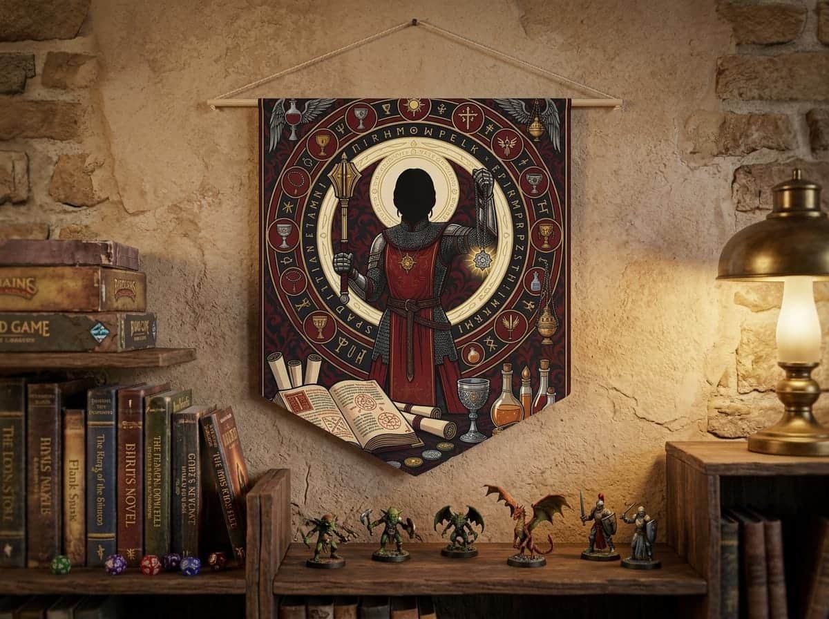 Photo 3 of 5: Divine fantasy female cleric illustration framed by glowing ivory sacred circles and holy relics, printed on a pennant, shown on the wall above a bookshelf