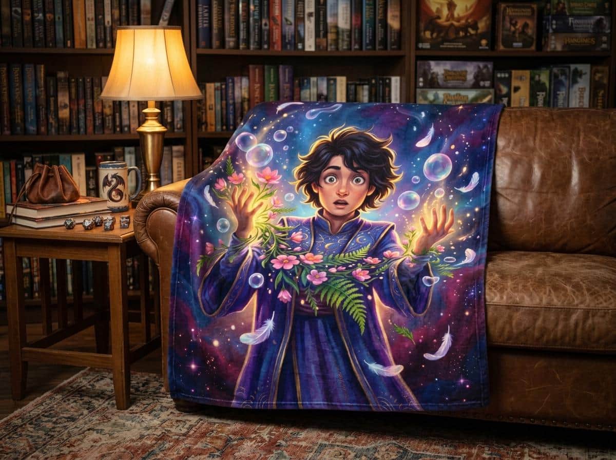 Photo 2 of 4: The ultimate inside joke for tabletop spellcasters: an ultra-soft, vibrant throw blanket depicting the chaotic panic of rolling a wild magic surge disaster mid-battle, shown on a game room couch
