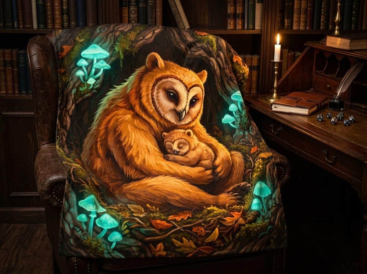 Photo 5 of 10: An ultra-soft velveteen reading blanket portraying a protective mother owlbear curled around her cub in a glowing forest hollow, shown draped over a study armchair