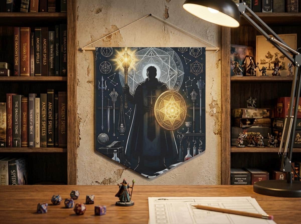 Photo 3 of 6: Radiant male human cleric illustration framed by a glowing divine mandala and holy relics, printed on a pennant, shown on a game room wall