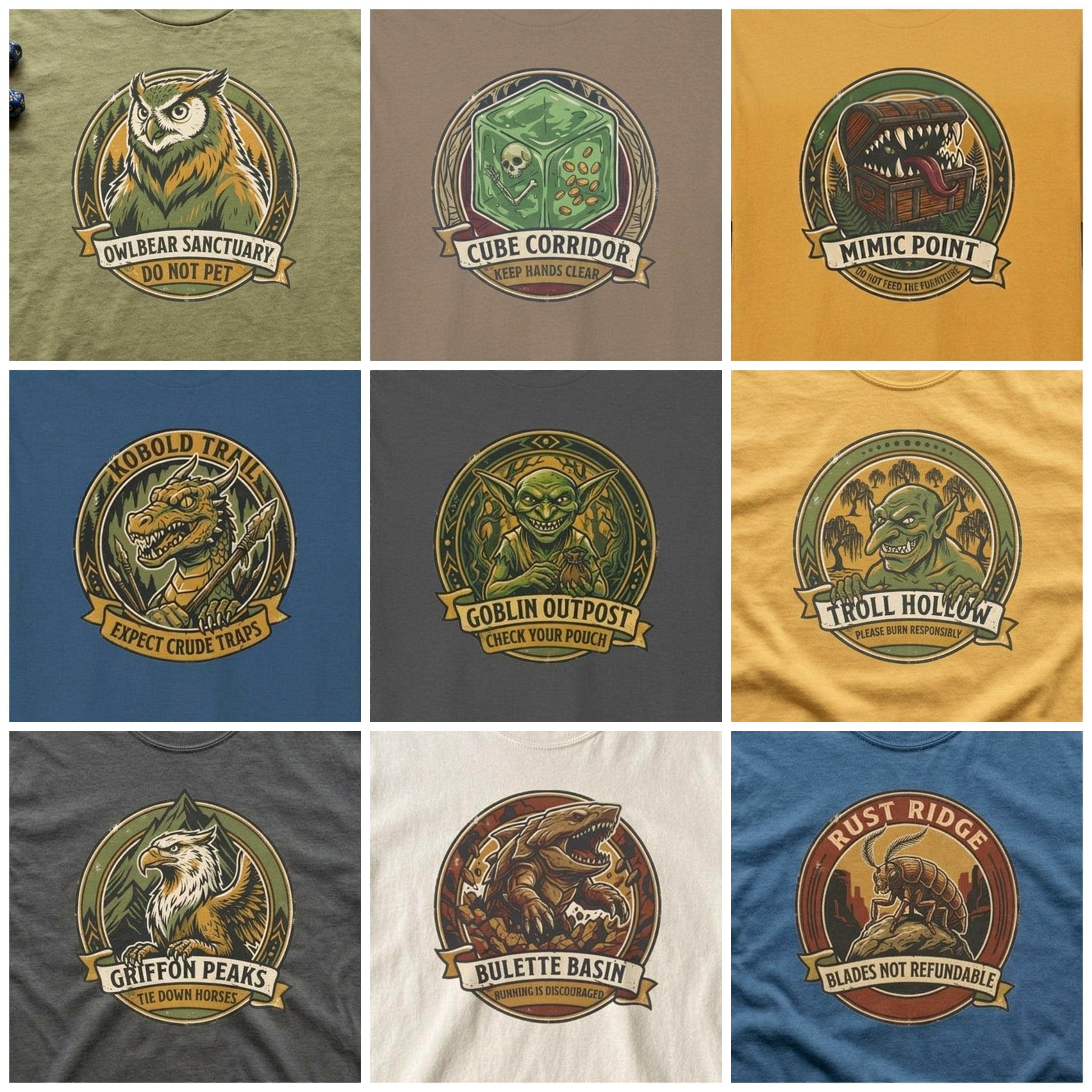 Photo 2 of 9: Deadpan national park badge tee warning dungeon adventurers against hungry furniture, with all 9 designs of the Tabletop Monster Sanctuary Badges side by side, shown on a the set