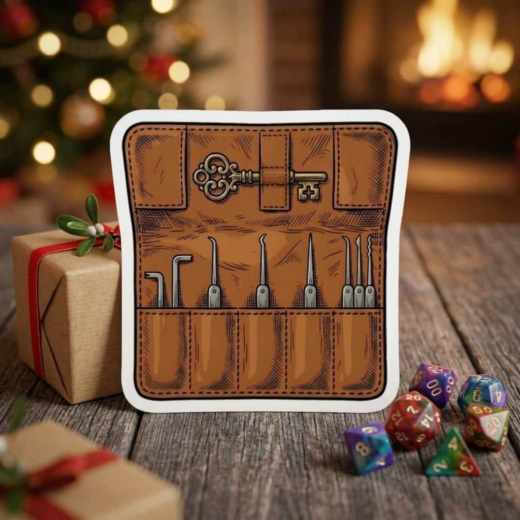 Photo 5 of 11: A detailed kiss-cut vinyl decal featuring an unrolled rogue's leather lockpick kit, shown as a gift