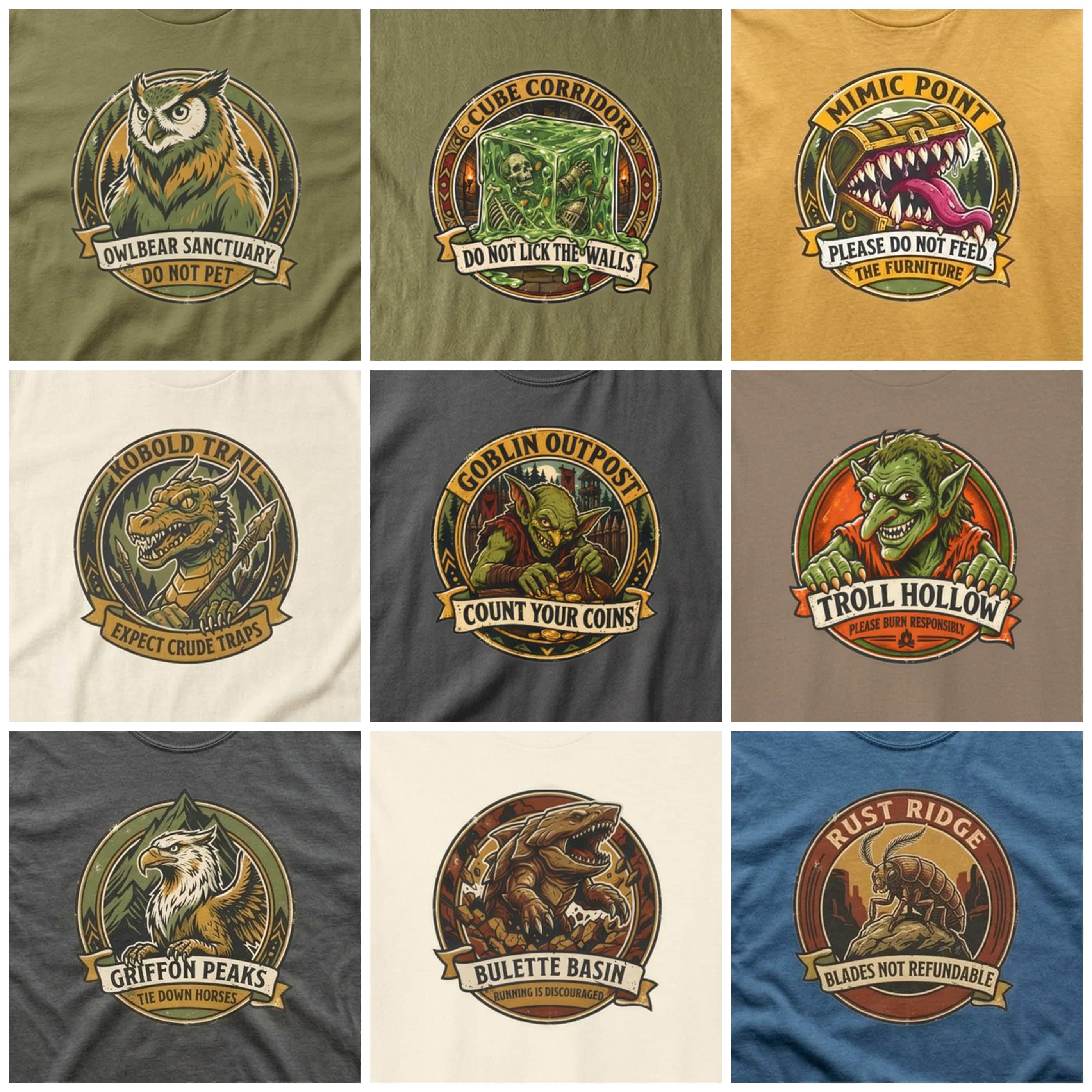 Photo 2 of 15: Vintage national park souvenir graphic tee featuring tabletop gaming's favorite deadly predator alongside a cheeky 'Do Not Pet' warning for players who insist on taming wilderness monsters, with all 9 designs of the Tabletop Monster, shown on a the set