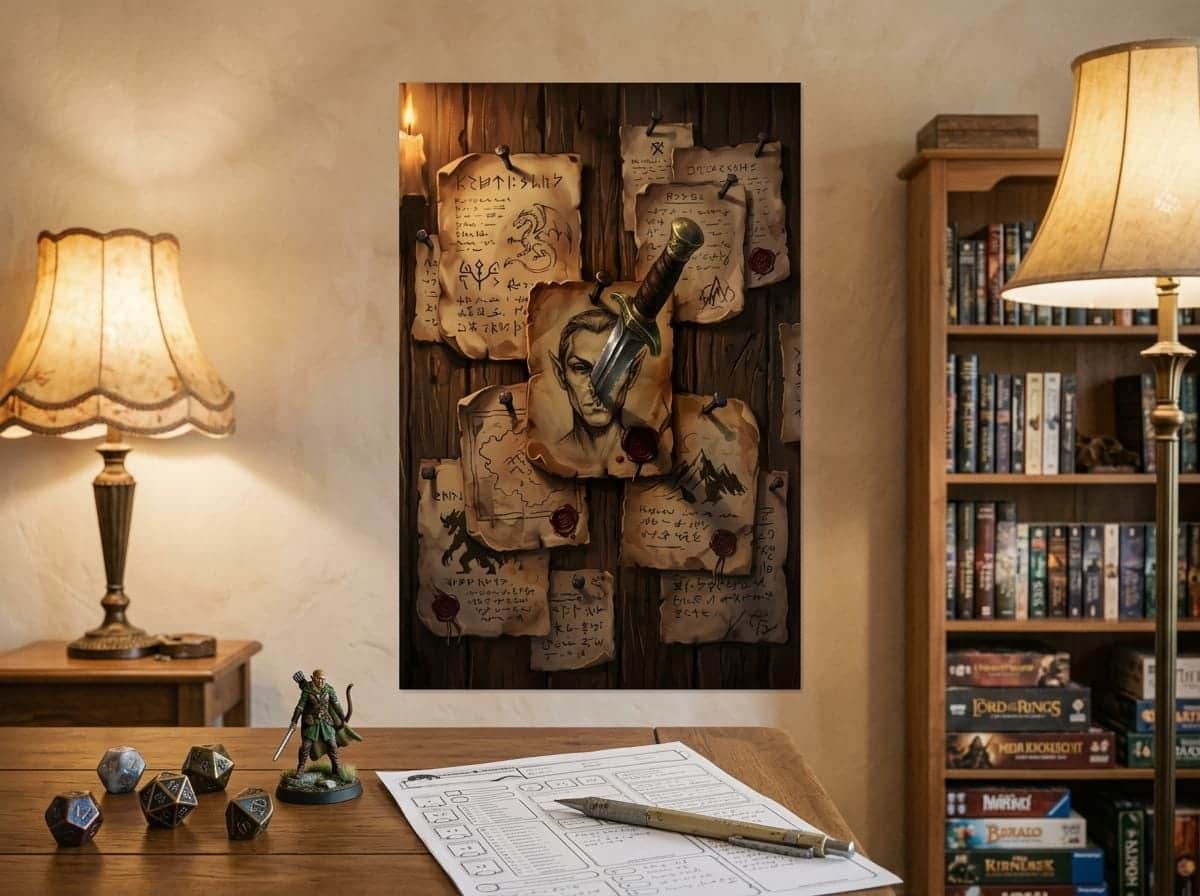 Photo 5 of 7: Transforms any room into a life-sized adventurer's tavern bulletin board pinned with scorched quest contracts, crimson wax seals, and an embedded iron dagger, printed on a poster, shown on a game room wall