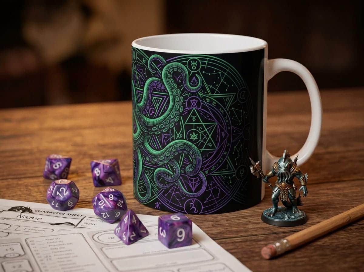 Photo 4 of 12: An atmospheric ceramic gaming mug emblazoned with an eldritch Great Old One patron crest, targeted at warlock players and dungeon masters fueling late-night campaign sessions, shown on the game table among dice and character sheets