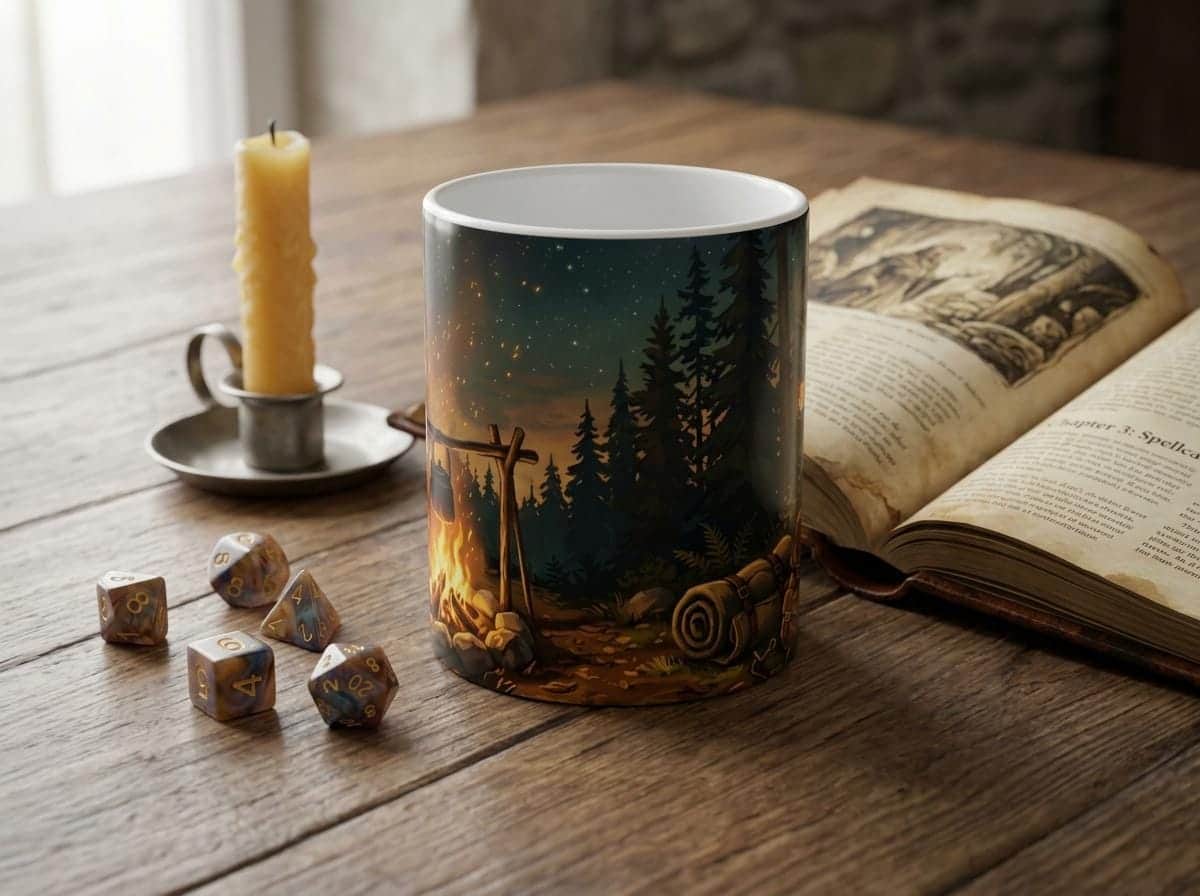 Photo 4 of 8: A cozy Long Rest themed fantasy ceramic coffee mug designed for tabletop adventurers and DMs to recharge between campaign encounters, shown on a desk beside an open rulebook