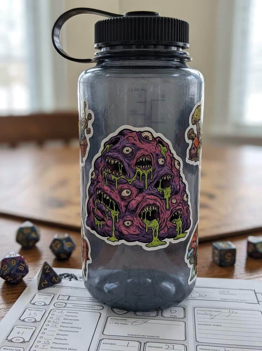 Photo 4 of 12: A grotesque aberrant monster sticker engineered for Dungeon Masters and eldritch horror enthusiasts personalizing laptops and hydro flasks, shown on a water bottle