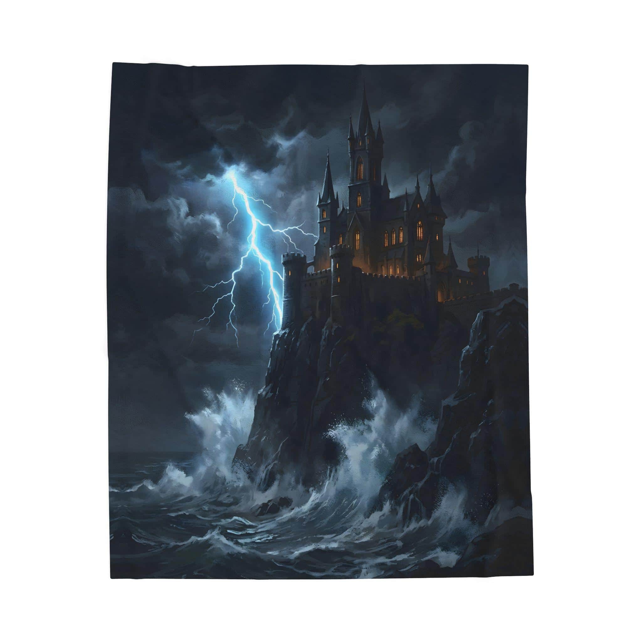 Photo 5 of 6: A rugged clifftop fortress defying ocean squalls and lightning, printed edge-to-edge on a plush sherpa throw blanket designed to keep players cozy during marathon tabletop campaign nights, front view