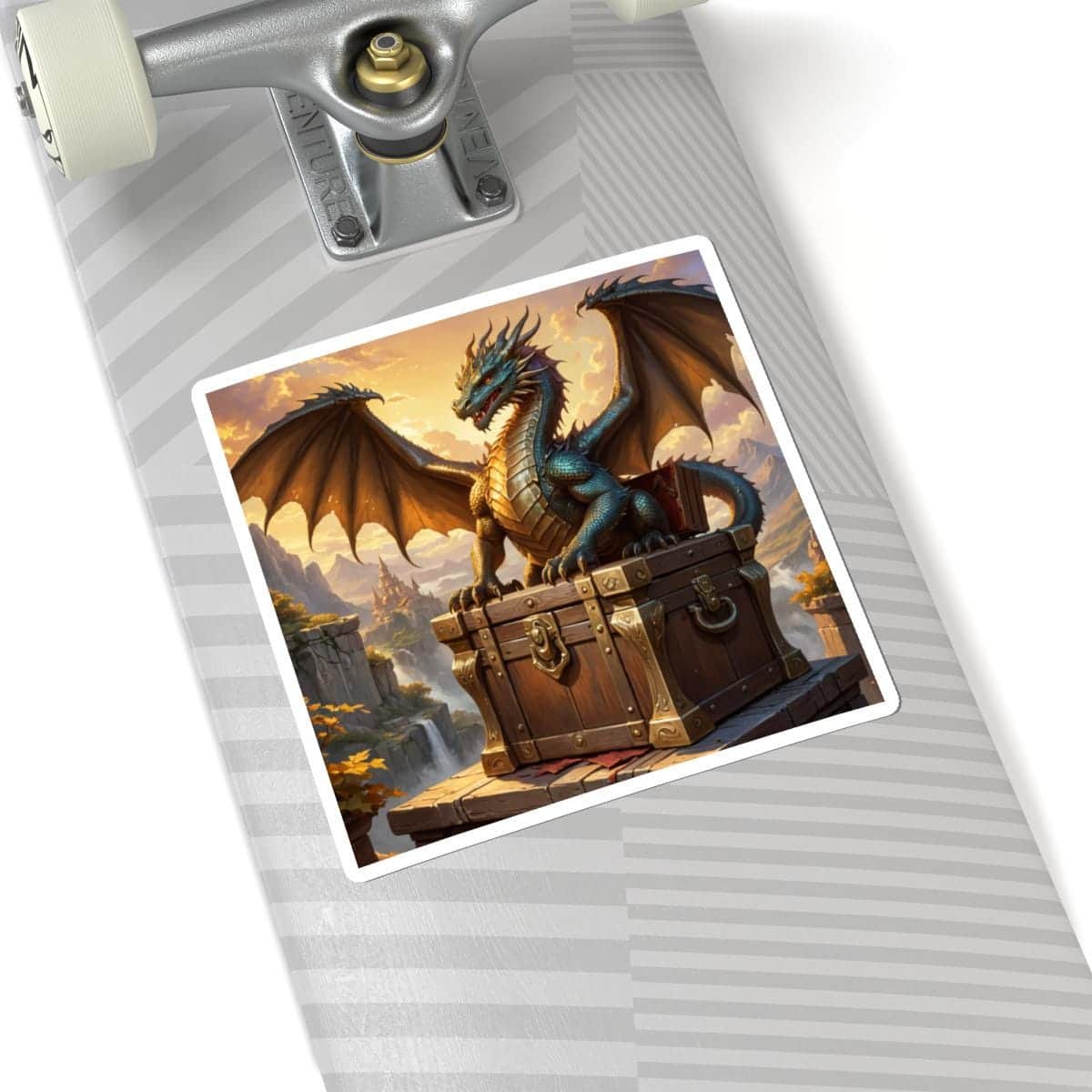 Photo 2 of 4: Epic fantasy sticker features a dragon perched atop a treasure chest, overlooking a castle and mountainous landscape with a waterfall