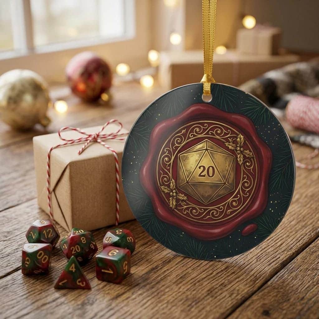 Photo 4 of 8: A round ceramic holiday ornament rendered as an ornate adventurers' guild wax seal with a gilded D20, shown as a gift