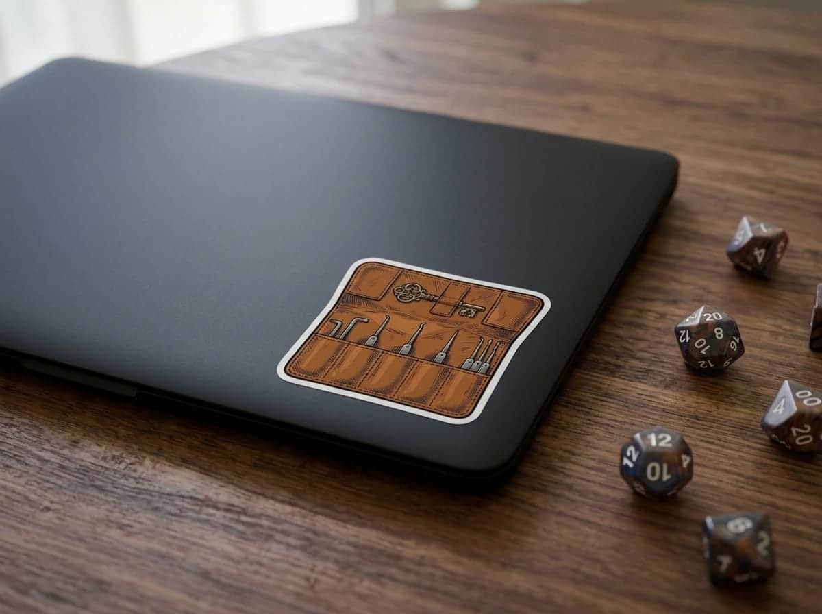 Photo 6 of 11: A detailed kiss-cut vinyl decal featuring an unrolled rogue's leather lockpick kit, shown on a laptop lid
