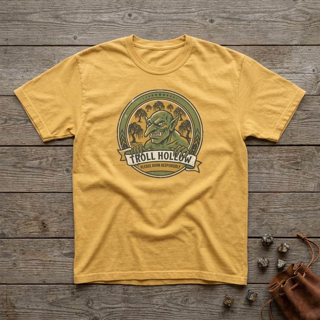 Photo 1 of 15: Vintage national park parody tee featuring a gangly swamp troll alongside a deadpan 'Please Burn Responsibly' fire warning for tabletop adventurers exploring monster-infested wetlands, shown laid flat among dice