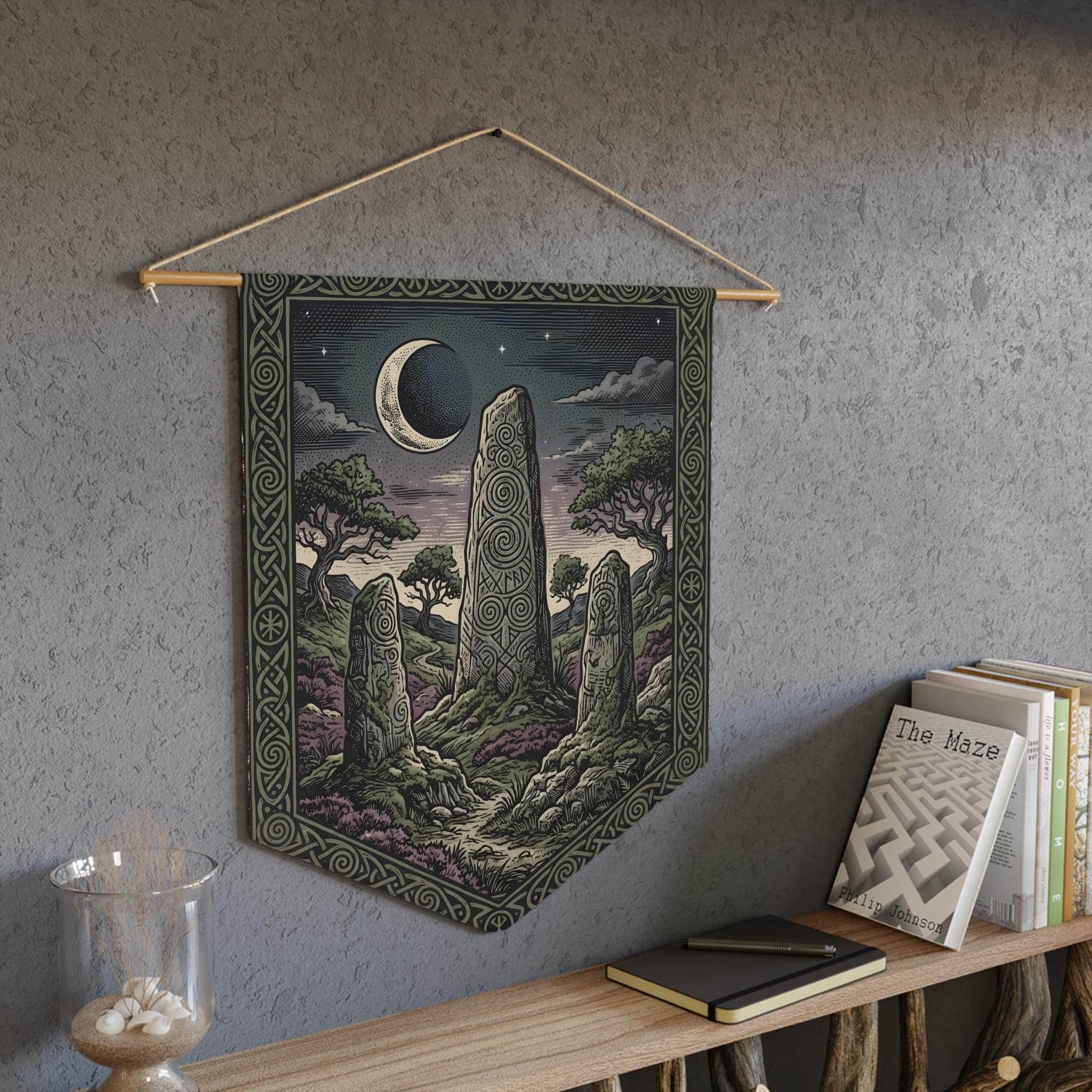 Photo 5 of 6: Vintage woodcut-style felt wall banner featuring an ancient runic monolith henge under a crescent moon, in a room setting