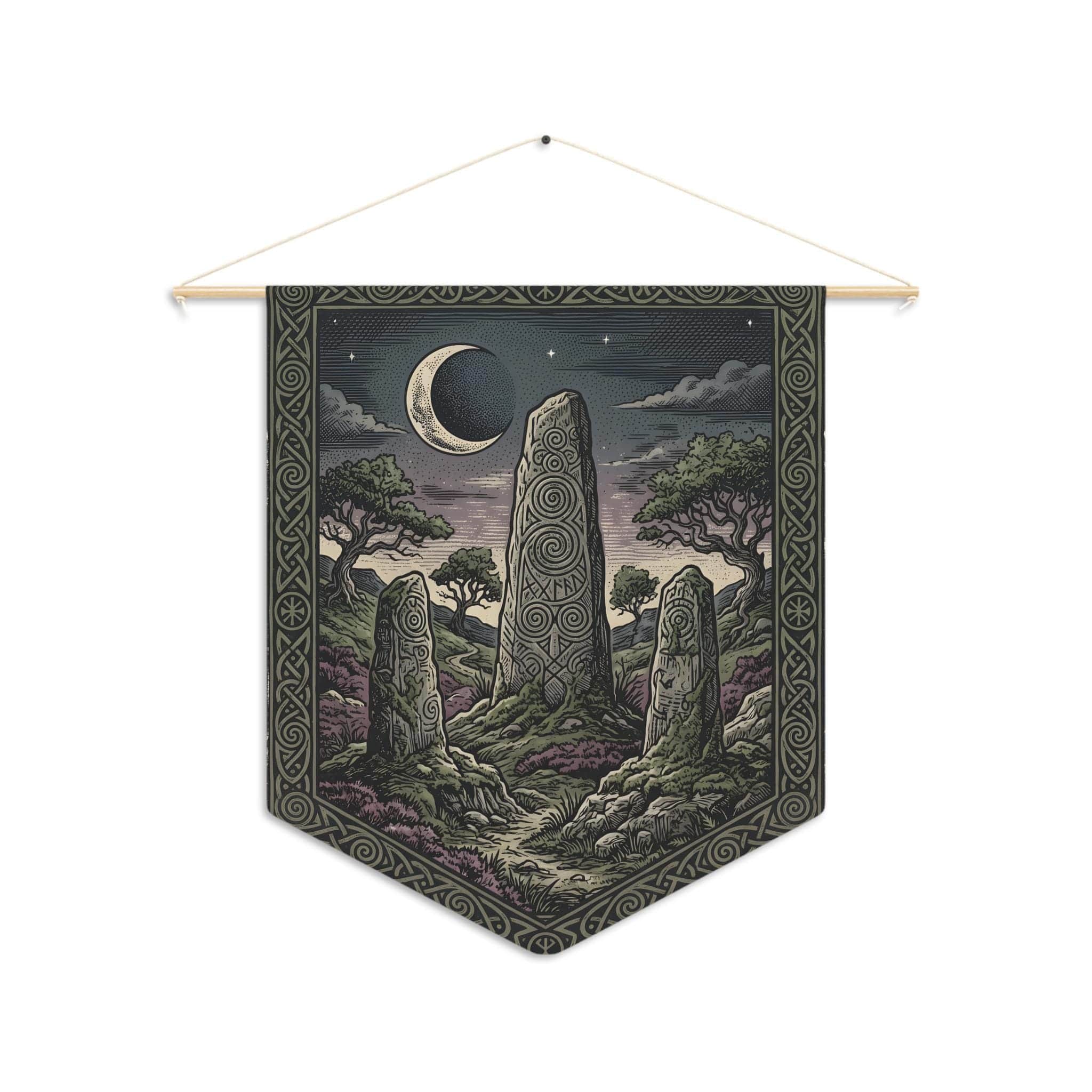 Photo 6 of 6: Vintage woodcut-style felt wall banner featuring an ancient runic monolith henge under a crescent moon, front view