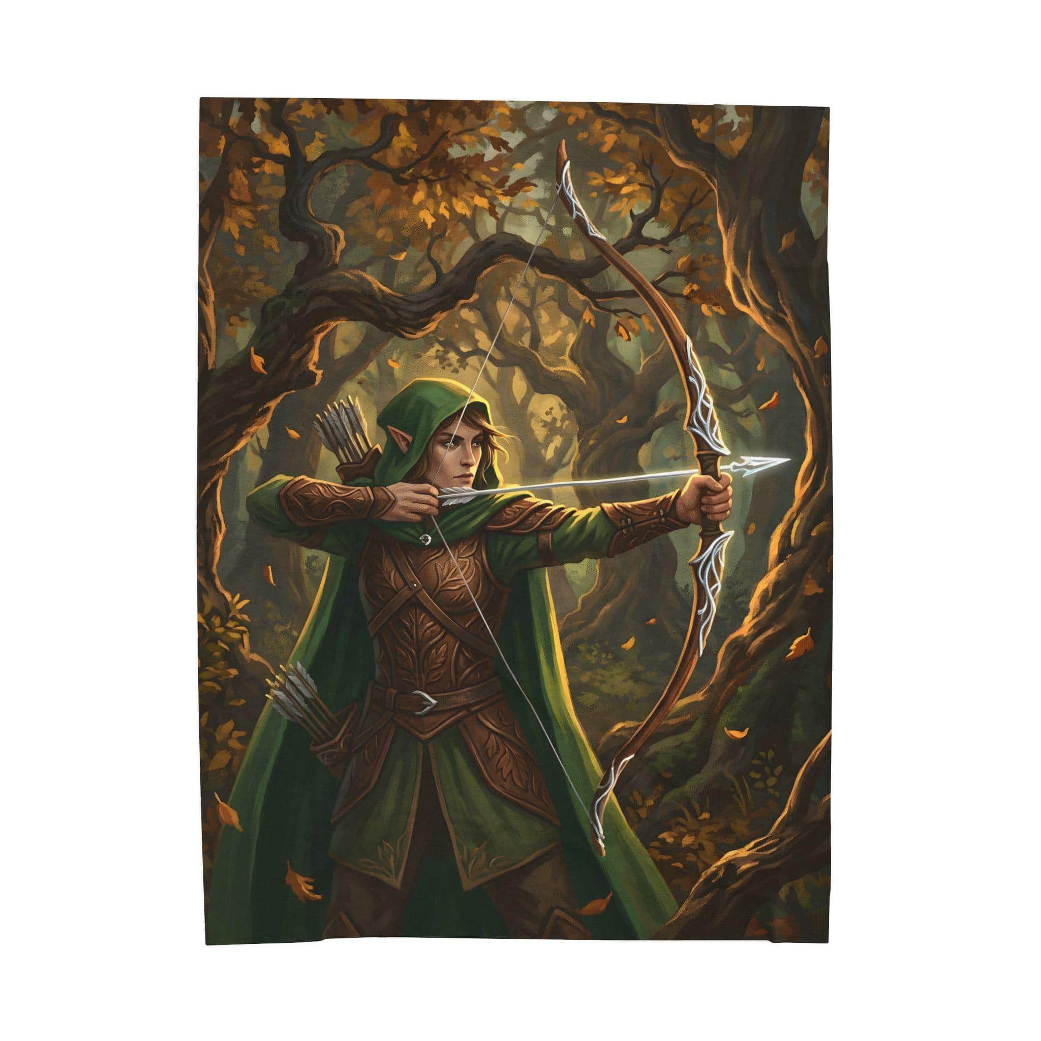 Photo 3 of 6: Cozy up during late-night gaming sessions with a plush sherpa-lined fleece throw blanket featuring a wood elf ranger nocking an arrow in an ancient autumnal woodland, front view