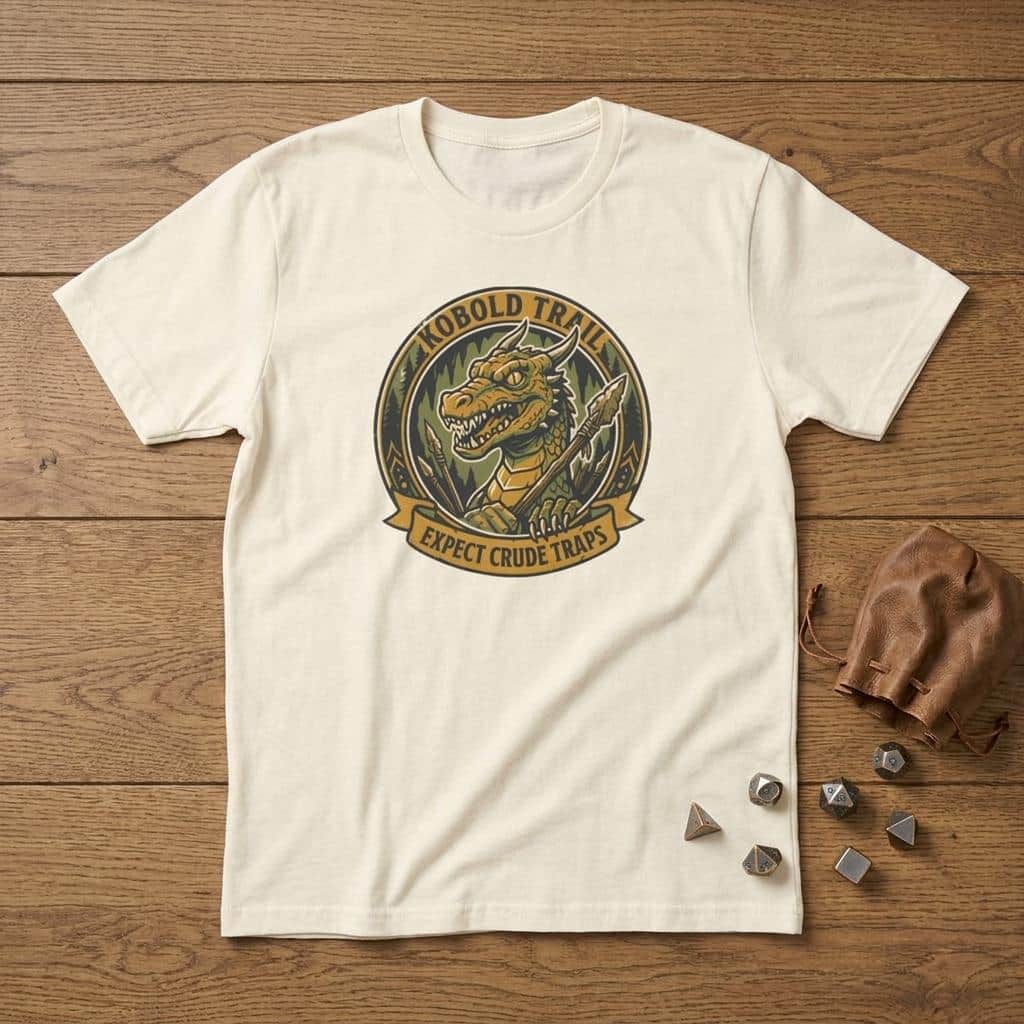 Photo 3 of 12: Deadpan national park style graphic tee warning tabletop adventurers to watch their step for crude traps along the kobold trail, shown laid flat among dice