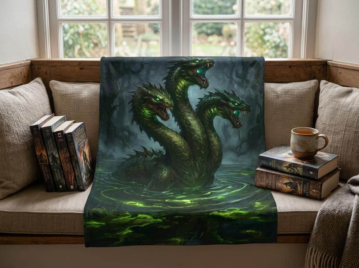 Photo 3 of 6: A plush statement throw showcasing an atmospheric swamp hydra, shown in a reading nook