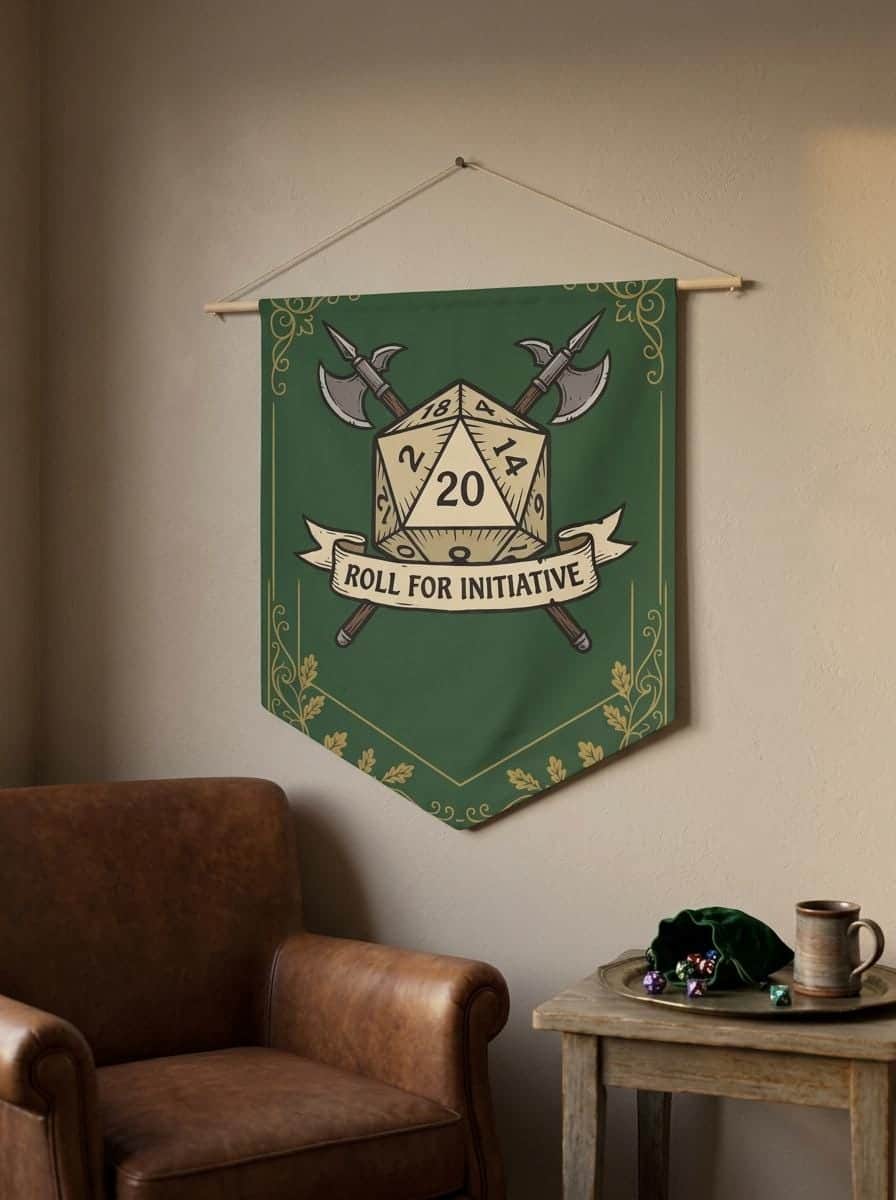 Photo 4 of 10: An authentic tavern-inspired heraldic battle cry banner designed to mark game room territory, solving the search for high-impact Dungeon Master appreciation and game night housewarming gifts, shown in a cosy den corner