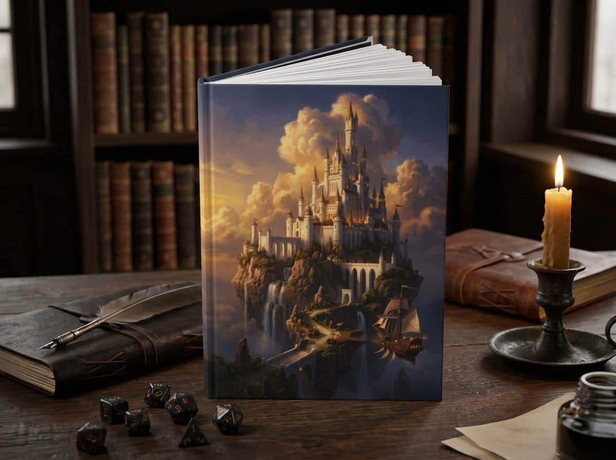 Photo 3 of 11: Hardcover fantasy campaign journal wrapped in an epic floating sky-citadel painting, shown on a desk beside a quill and ink