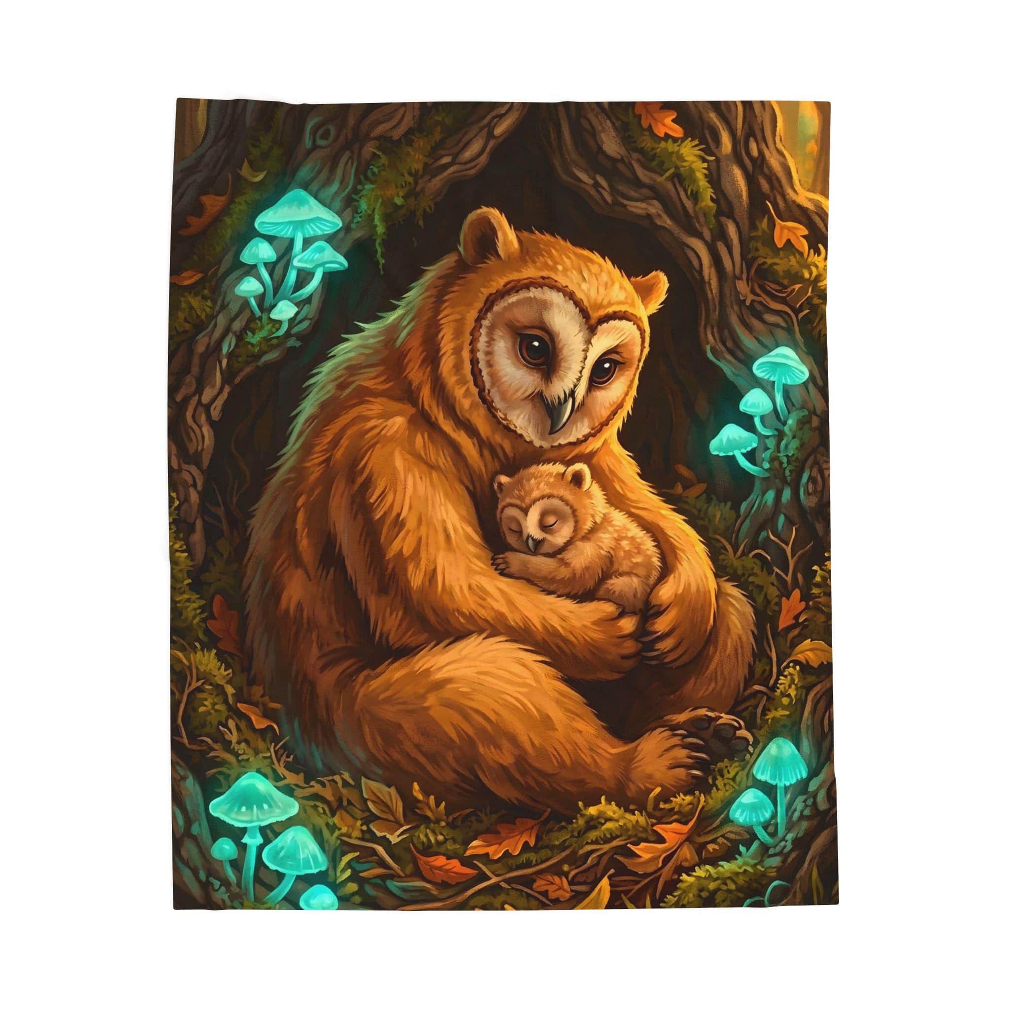 Photo 9 of 10: An ultra-soft velveteen reading blanket portraying a protective mother owlbear curled around her cub in a glowing forest hollow, front view