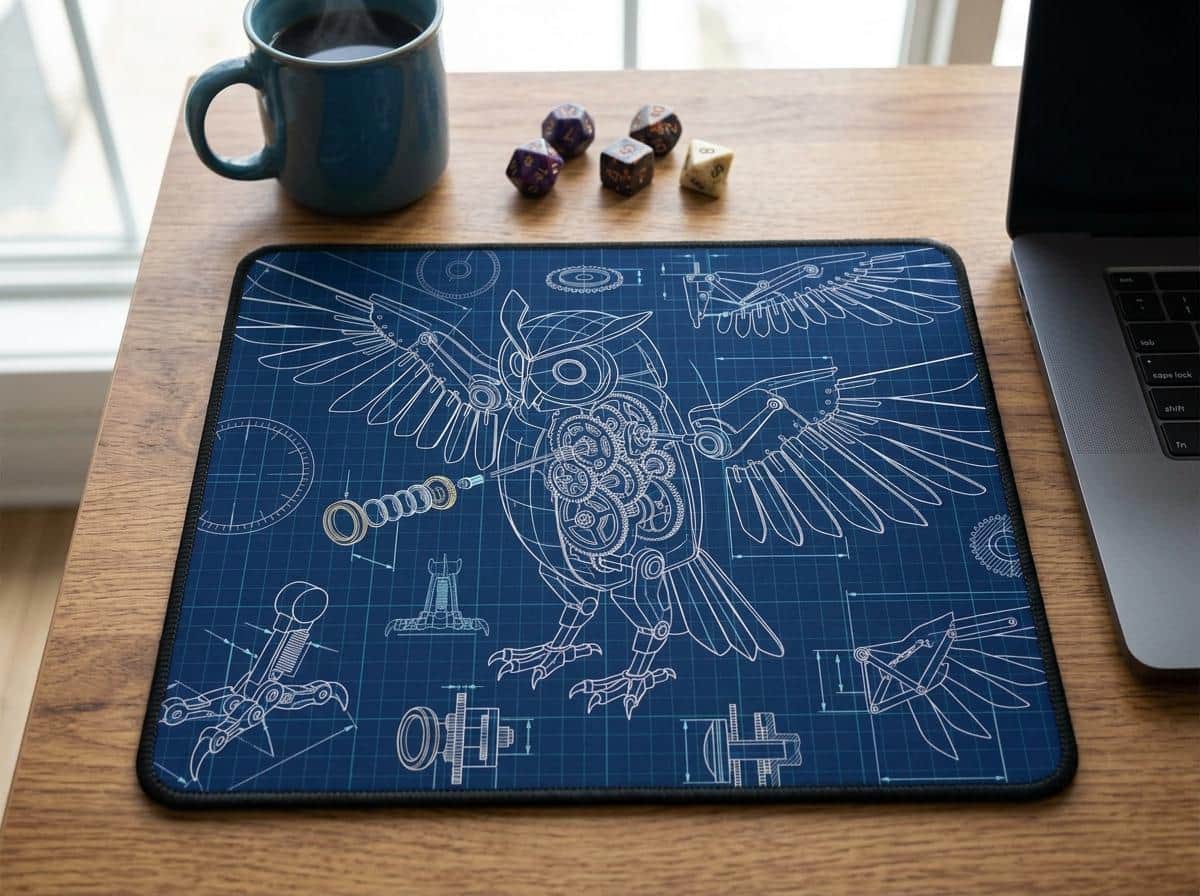 Photo 3 of 5: Transforms any gaming desk into an arcane engineer's workbench with an authentic technical blueprint of a clockwork mechanical familiar, printed on a mouse pad, shown on a desk