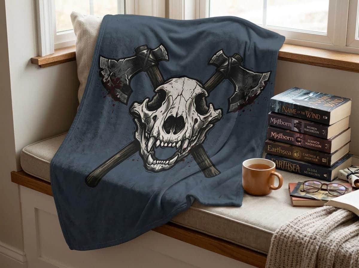 Photo 3 of 4: Ultra-soft plush throw blanket styled as an ancient battle-worn barbarian war crest, keeping tabletop roleplayers warm and immersed through long winter campaign marathons, shown in a reading nook