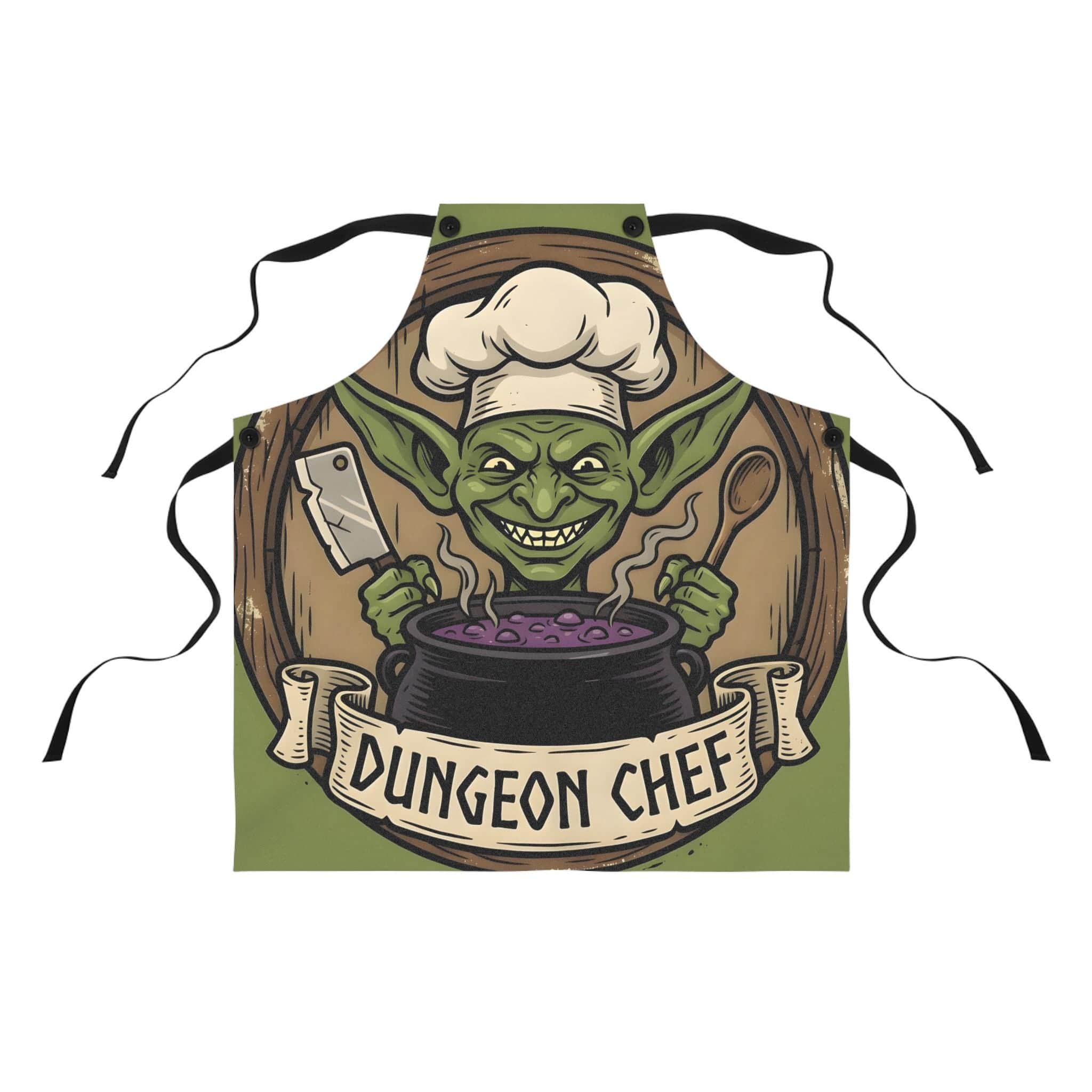 Photo 6 of 6: Humorous tabletop gaming apron for game-night snack hosts and DMs, pairing chaotic goblin tavern art with the high-demand, front view