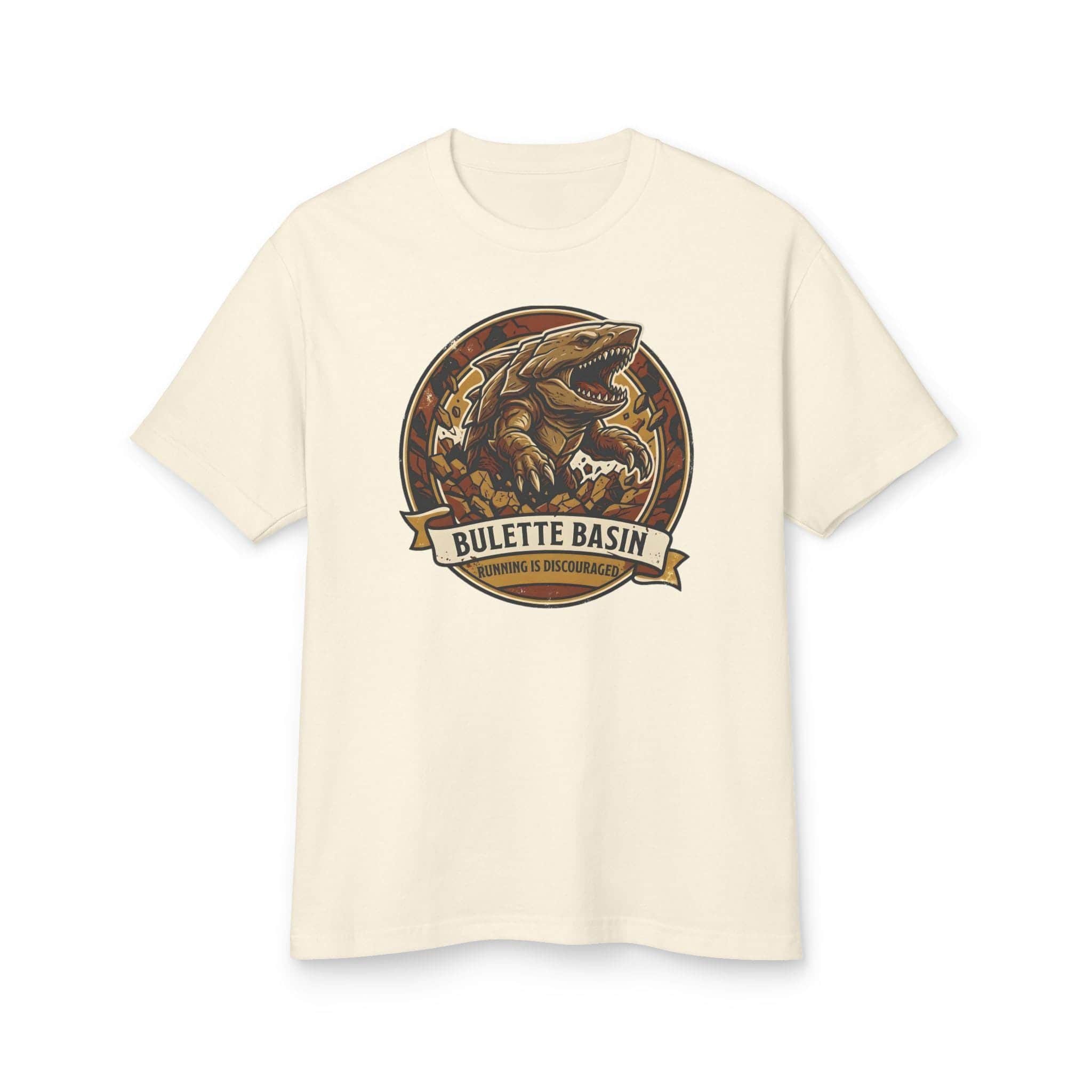 Photo 10 of 15: Vintage national park souvenir graphic tee featuring tabletop gaming's armored landshark burrower, paired with deadpan trail advice warning adventurers that running only draws its tremorsense, front view