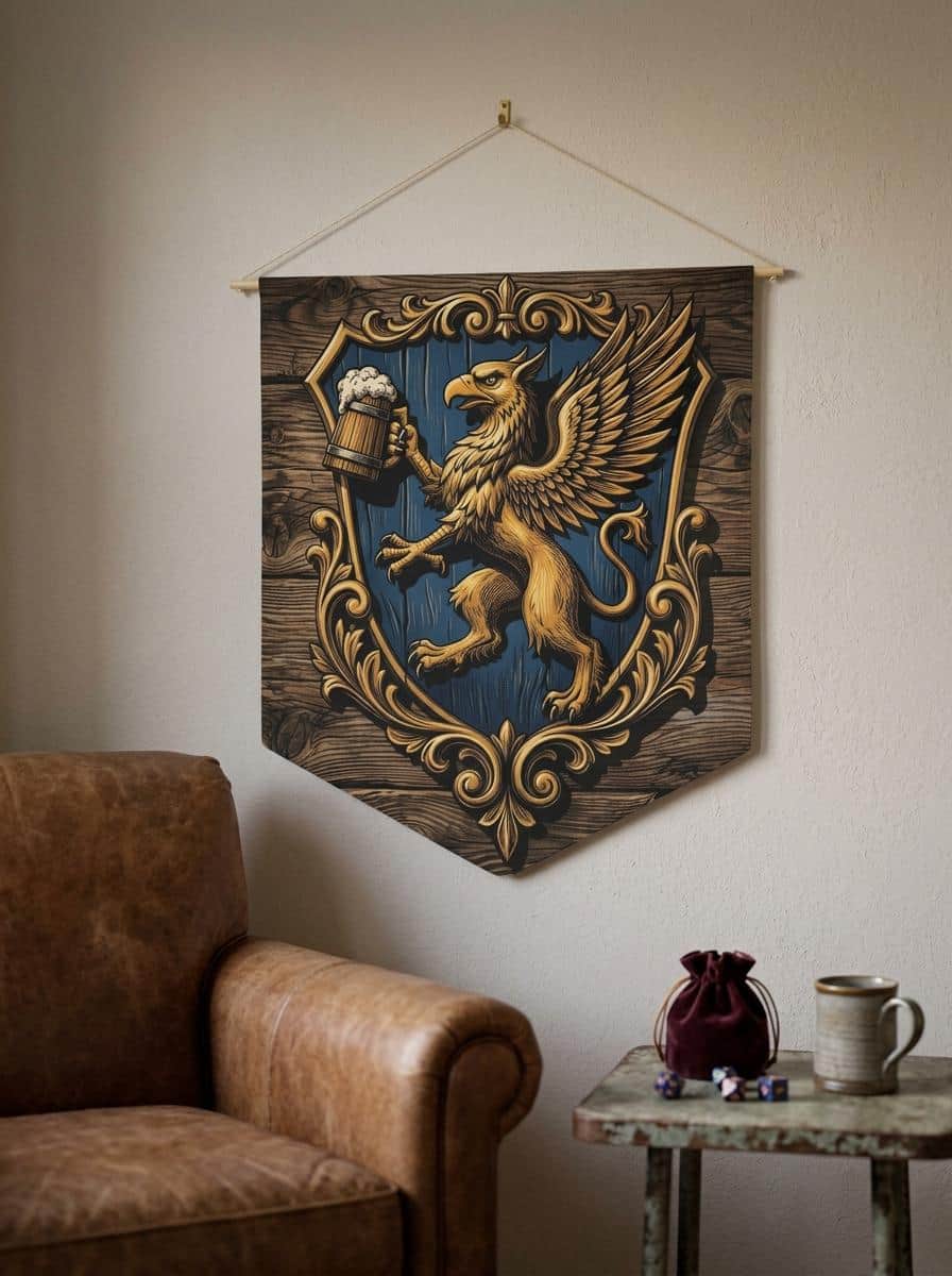 Photo 4 of 7: A vintage woodblock tavern emblem that turns a gaming room or basement into a fantasy alehouse, printed on a pennant, shown in a cosy den corner