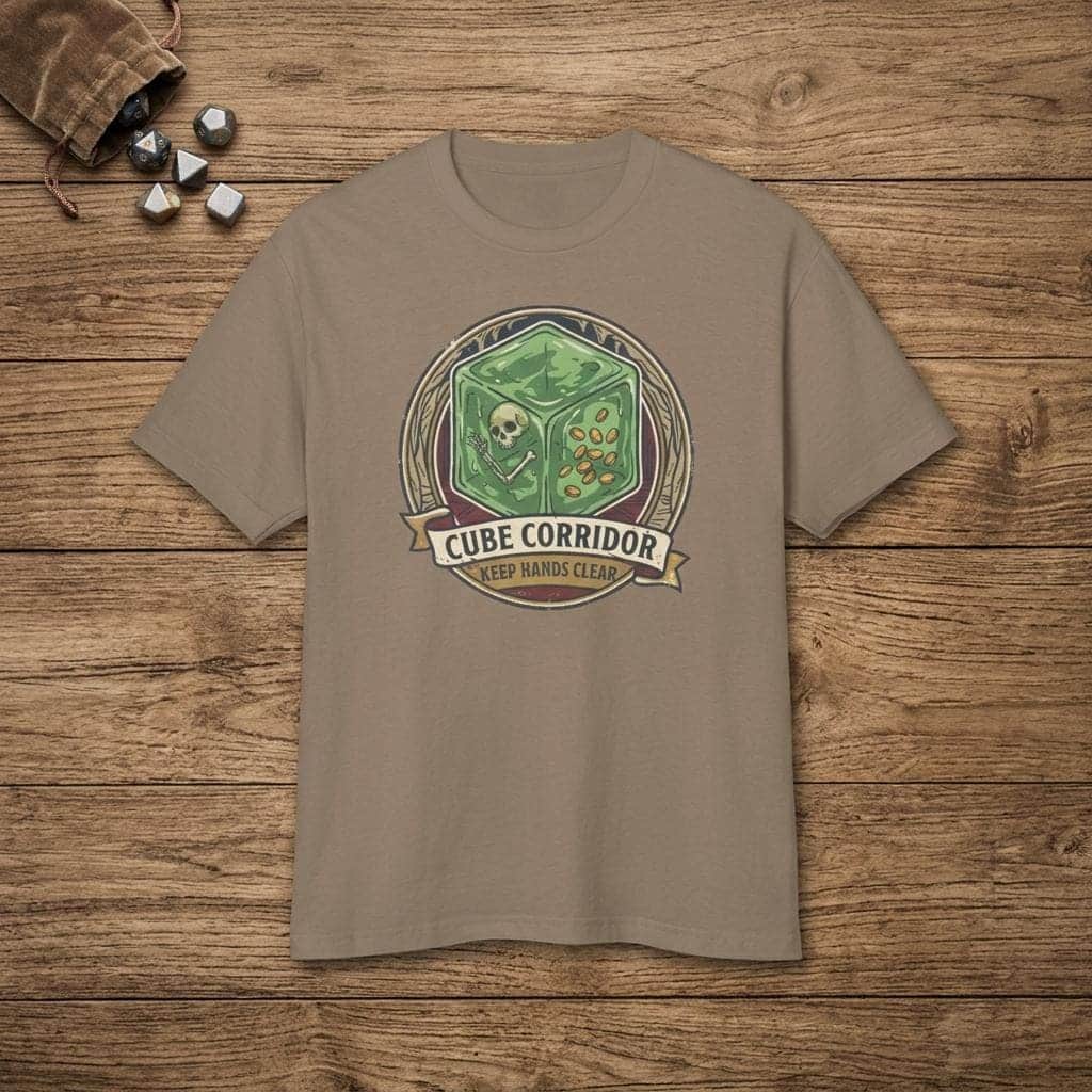 Photo 1 of 13: Vintage national park warning graphic tee featuring tabletop gaming's iconic translucent dungeon ooze alongside a deadpan caution sign for adventurers who touch strange corridor walls, shown laid flat among dice
