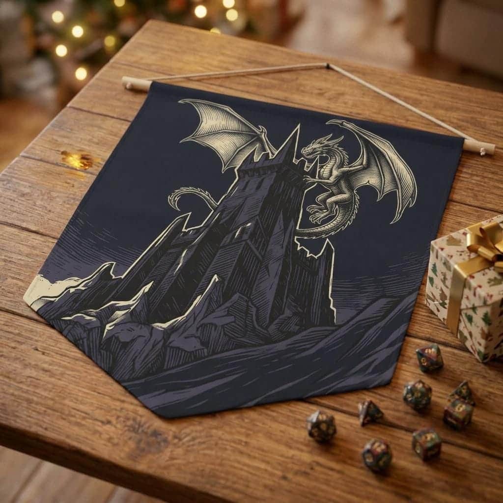 Photo 3 of 7: Triangular gothic wall banner featuring a towering obsidian fortress framed by celestial heraldry, shown as a gift
