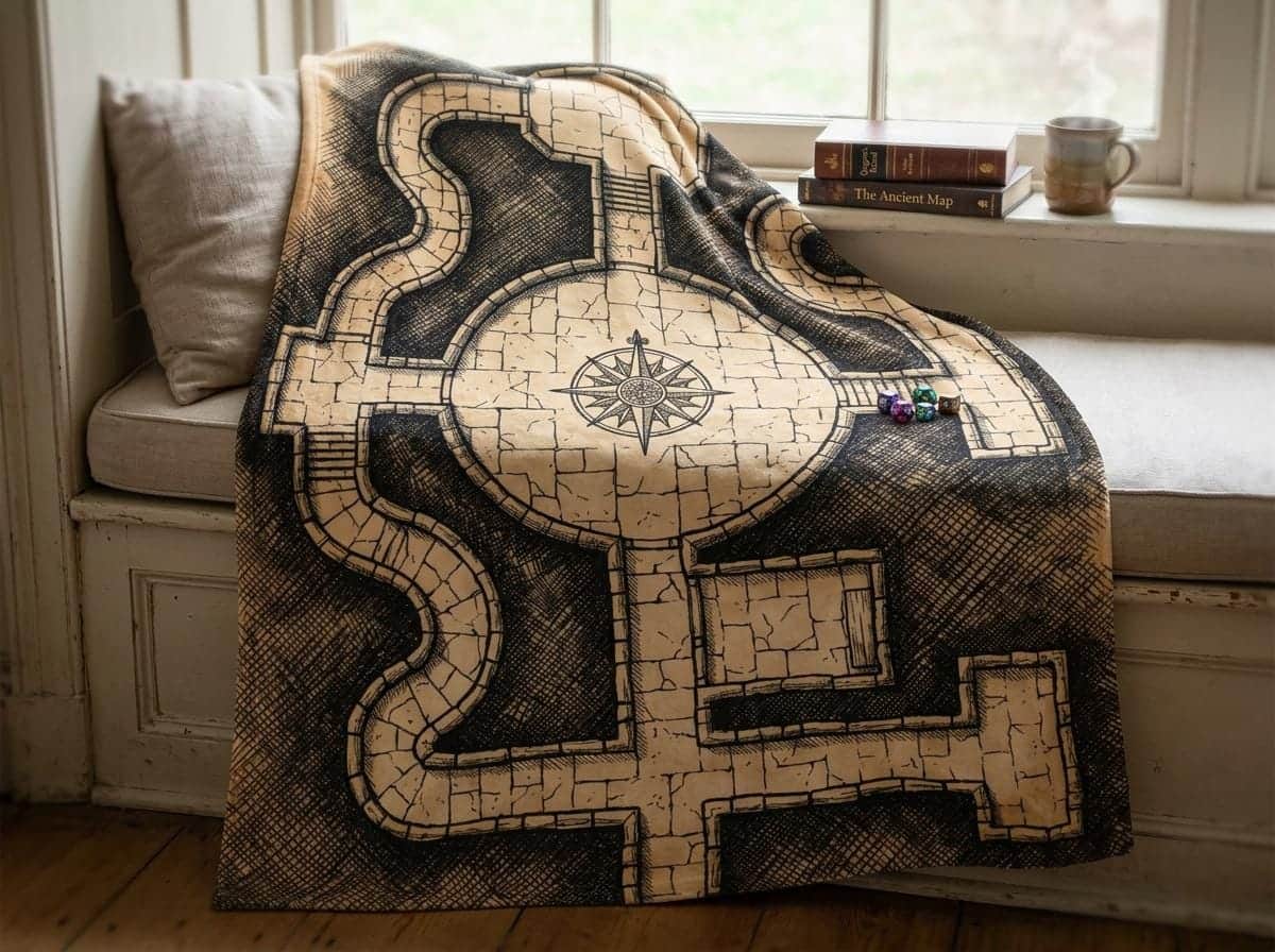 Photo 2 of 9: Ultra-soft fleece throw blanket printed edge-to-edge as a vintage hand-inked dungeon crawl floorplan with secret chambers and trap glyphs, shown in a reading nook