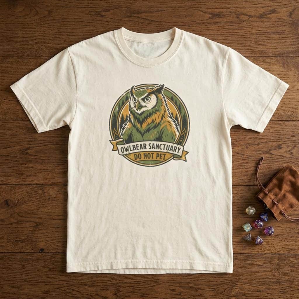 Photo 8 of 15: Vintage national park souvenir graphic tee featuring tabletop gaming's favorite deadly predator alongside a cheeky 'Do Not Pet' warning for players who insist on taming wilderness monsters, shown laid flat among dice