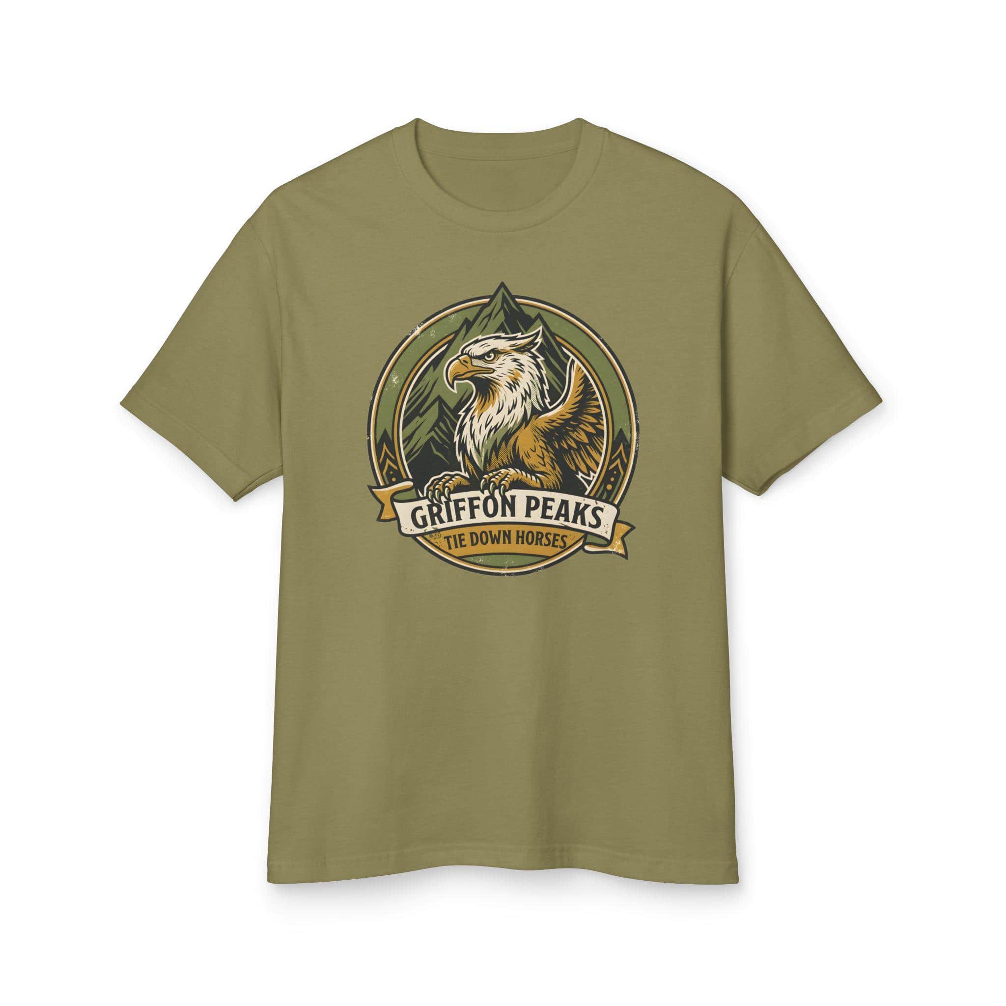 Photo 13 of 15: Vintage national park parody tee featuring a noble mountain griffon alongside a deadpan ranger warning for traveling adventurers to keep their prized mounts secured, front view