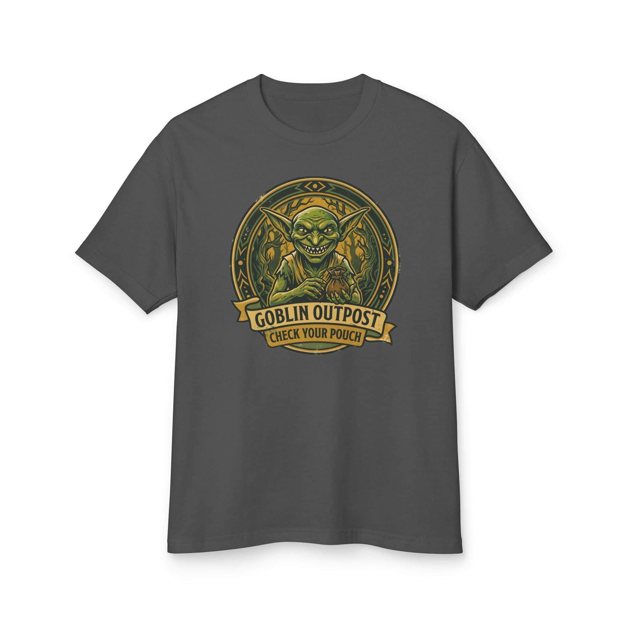 Photo 14 of 14: Deadpan national park style graphic tee warning tabletop adventurers to guard their coin pouches from grinning goblin scavengers, front view