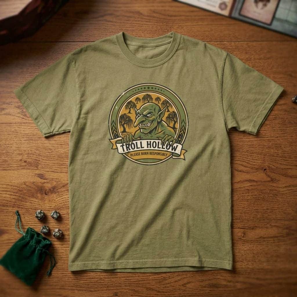 Photo 5 of 15: Vintage national park parody tee featuring a gangly swamp troll alongside a deadpan 'Please Burn Responsibly' fire warning for tabletop adventurers exploring monster-infested wetlands, shown laid flat among dice