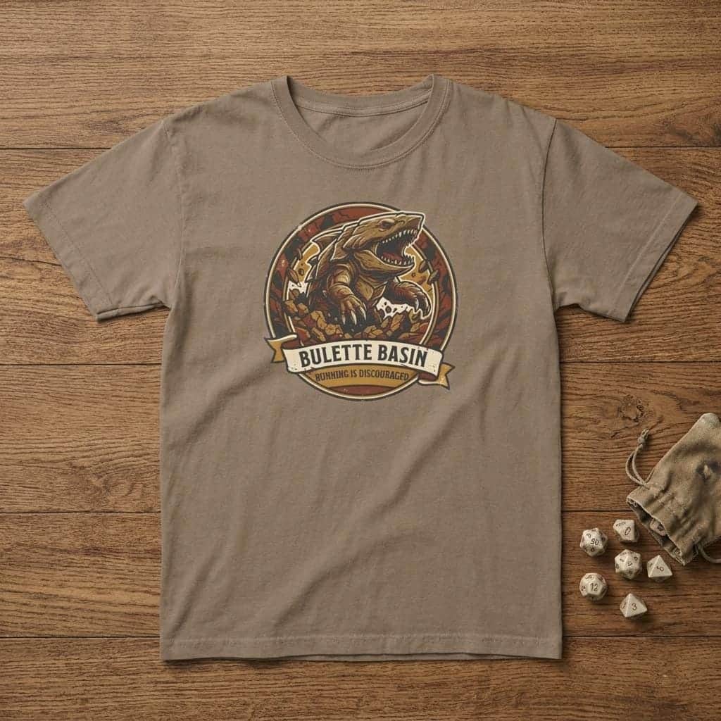Photo 4 of 15: Vintage national park souvenir graphic tee featuring tabletop gaming's armored landshark burrower, paired with deadpan trail advice warning adventurers that running only draws its tremorsense, shown laid flat among dice