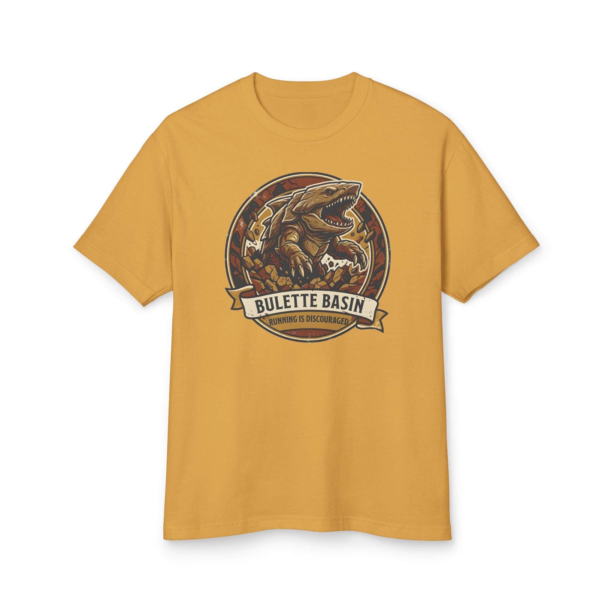 Photo 13 of 15: Vintage national park souvenir graphic tee featuring tabletop gaming's armored landshark burrower, paired with deadpan trail advice warning adventurers that running only draws its tremorsense, front view