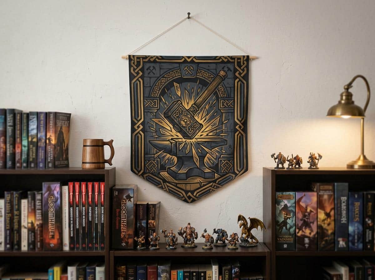 Photo 3 of 6: Heraldic felt wall hanging featuring an ancient dwarven clan forge emblem, printed on a pennant, shown on the wall above a bookshelf