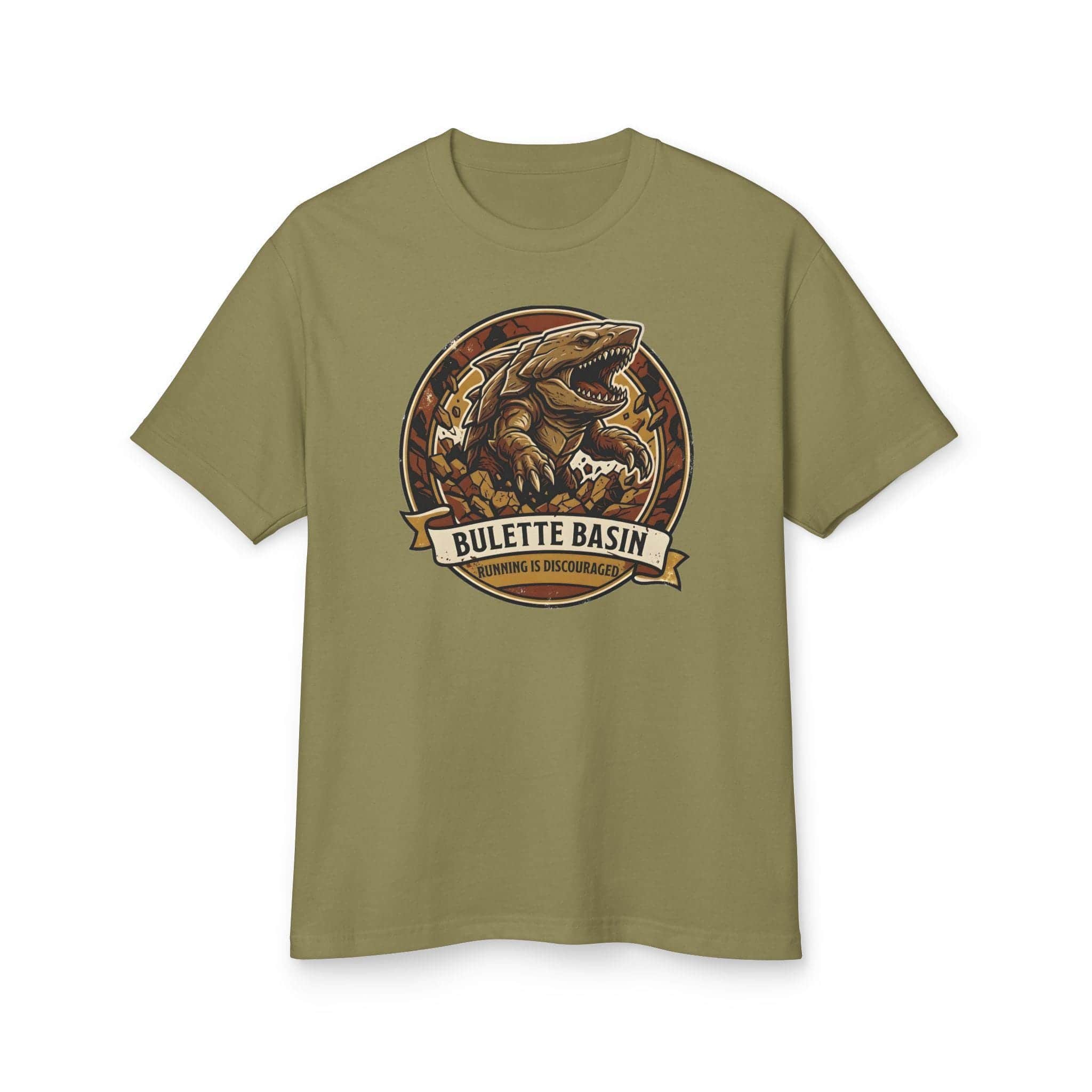 Photo 11 of 15: Vintage national park souvenir graphic tee featuring tabletop gaming's armored landshark burrower, paired with deadpan trail advice warning adventurers that running only draws its tremorsense, front view
