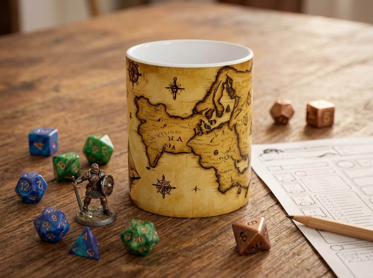 Photo 5 of 10: Unleash your inner adventurer with this detailed treasure map mug, shown on the game table among dice and character sheets
