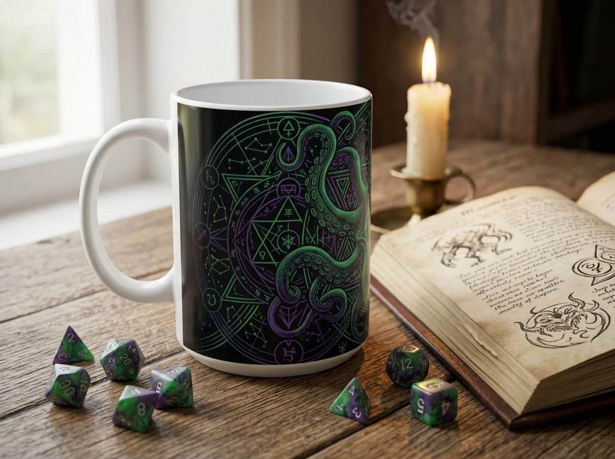 Photo 5 of 12: An atmospheric ceramic gaming mug emblazoned with an eldritch Great Old One patron crest, targeted at warlock players and dungeon masters fueling late-night campaign sessions, shown on a desk beside an open rulebook